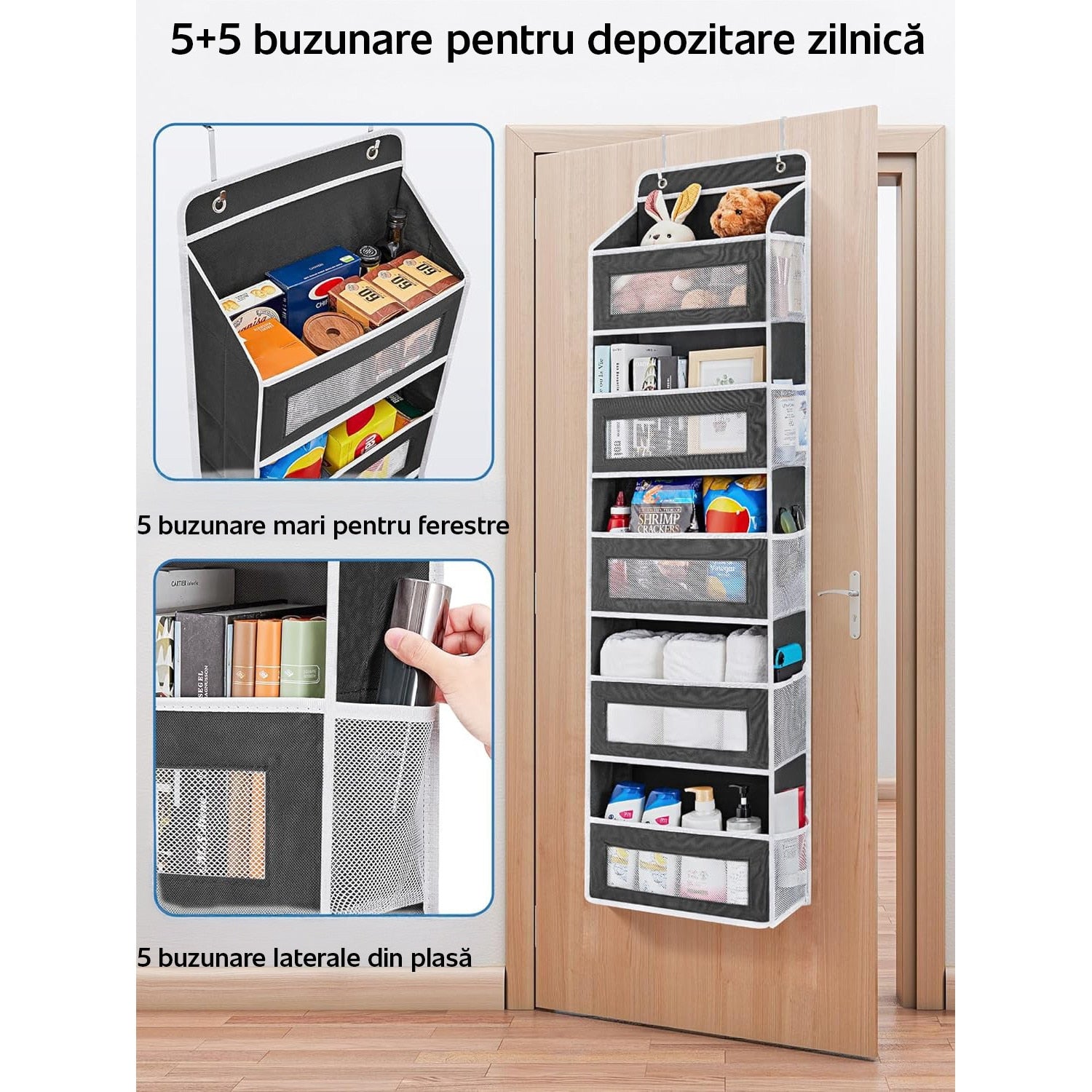 Organizator de usa NextWave®️, 5 compartimente, depozitare pe perete cu raft, material netesut, pliabil, spatiu de – imaginea 4