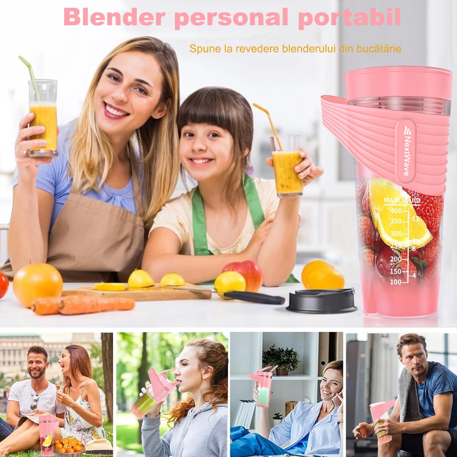 Mini Blender Electric NextWave™, Portabil, Multifunctional, Auto-curatare, Autonomie Mare 40 utilizari, Baterie – imaginea 4