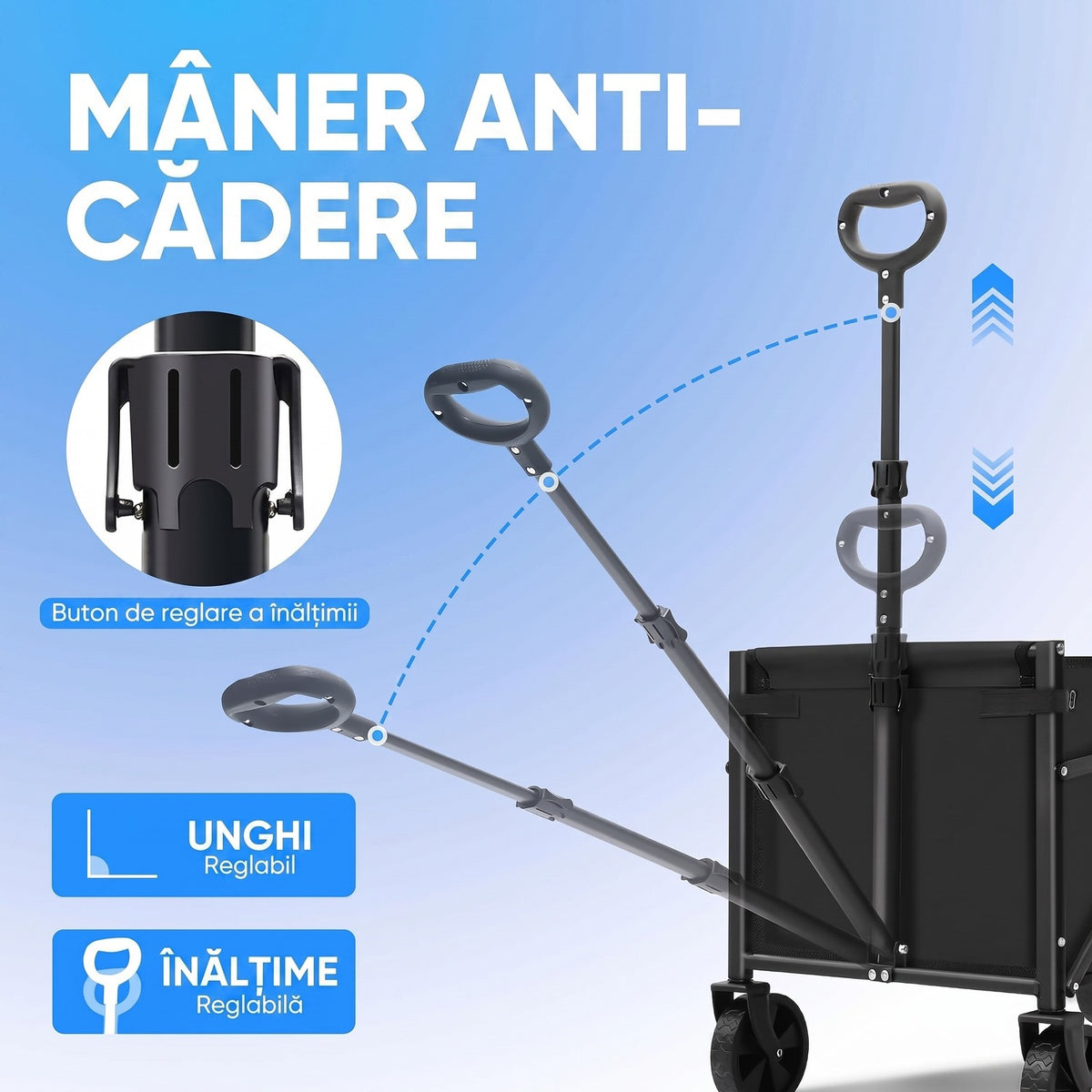 Cărucior turistic pliabil NextWave®️, pliere rapidă și compactă, capacitate 99,8 kg, mâner ergonomic reglabil anti-cădere – imaginea 4