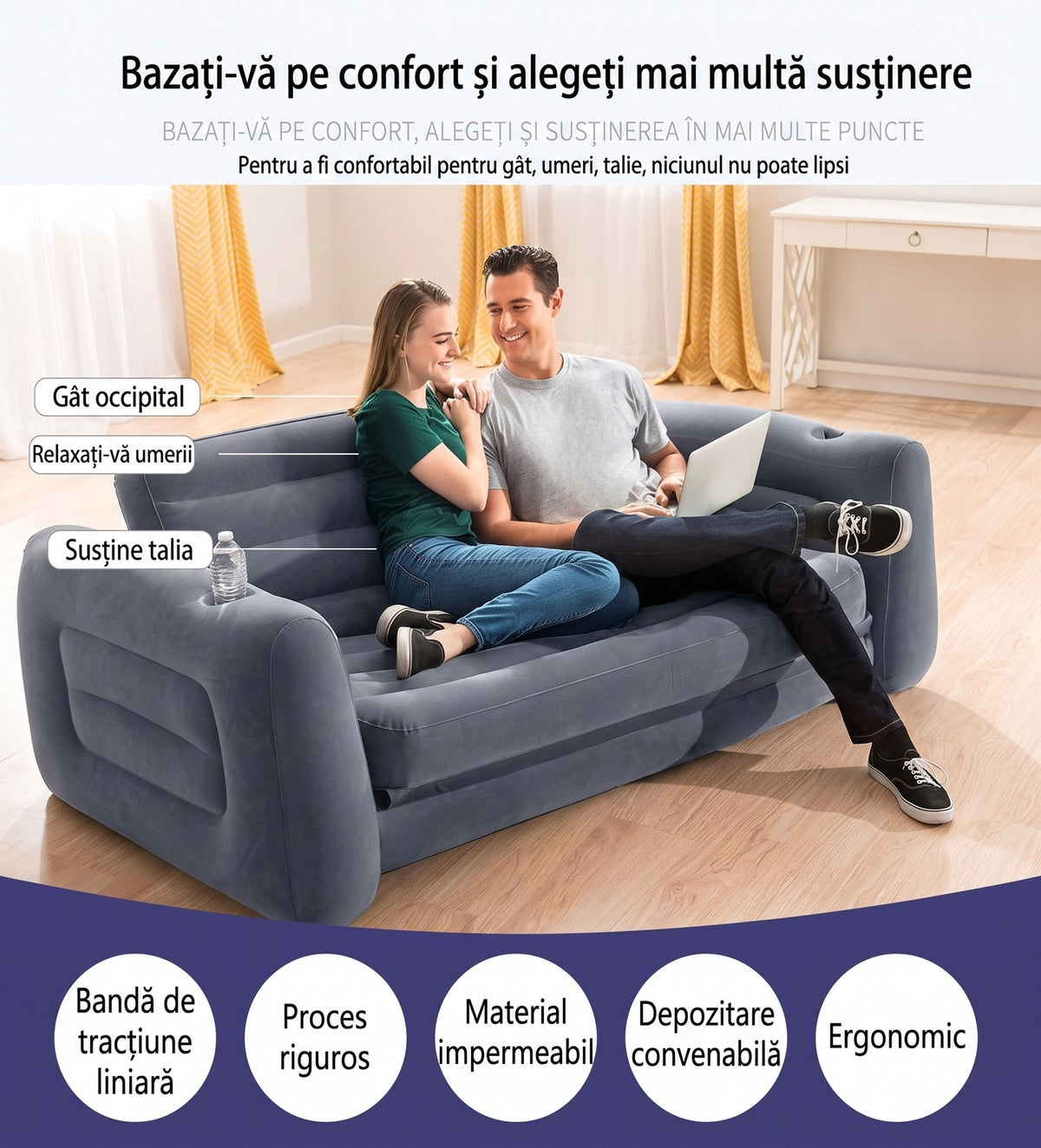 Canapea gonflabilă extensibilă NextWave®️, fotoliu dublu 2 în 1, spătar ergonomic cu susținere lombară, supapă 2 în 1 pentru – imaginea 3