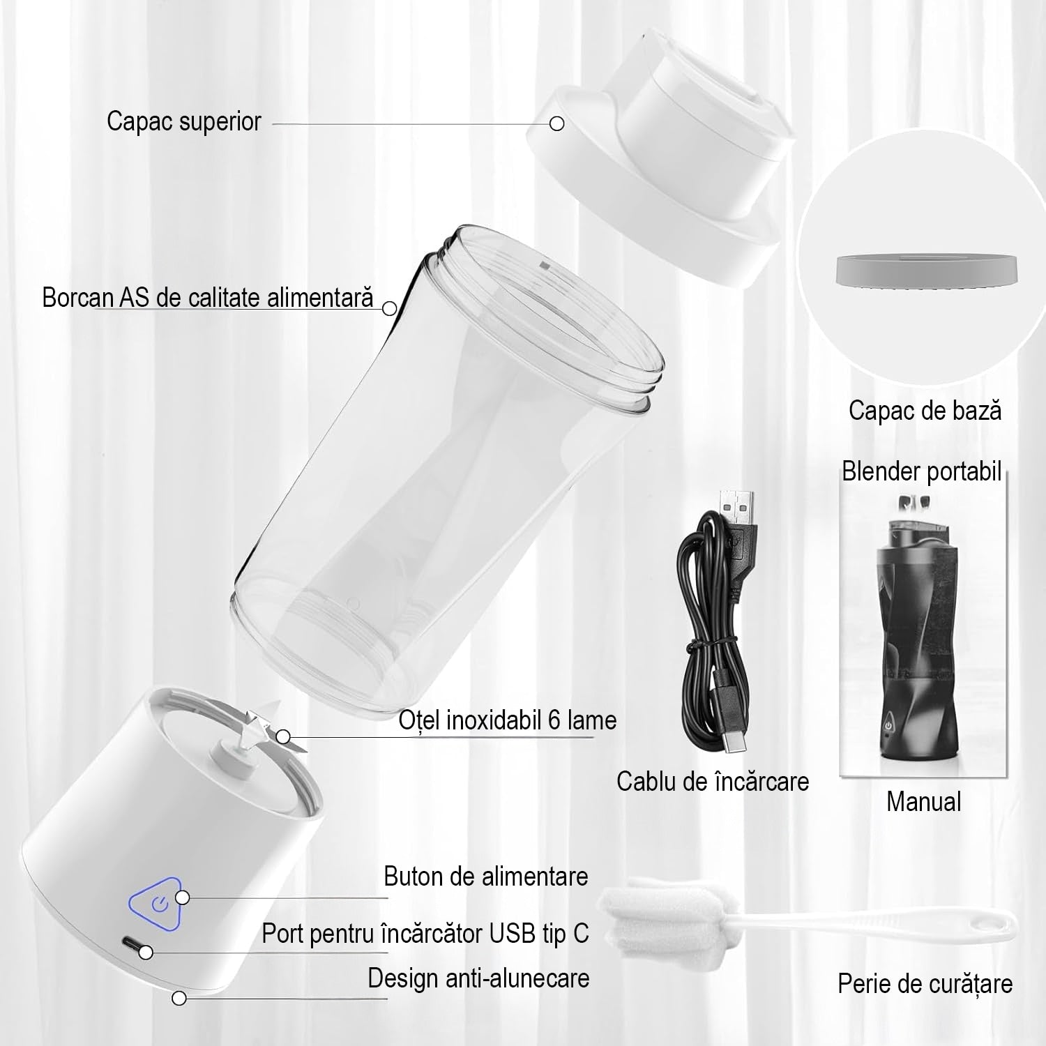 Mini Blender Electric Portabil NextWave™, Multifunctional, Auto-curatare, Autonomie Mare, Recipient detasabil cu capac – imaginea 4