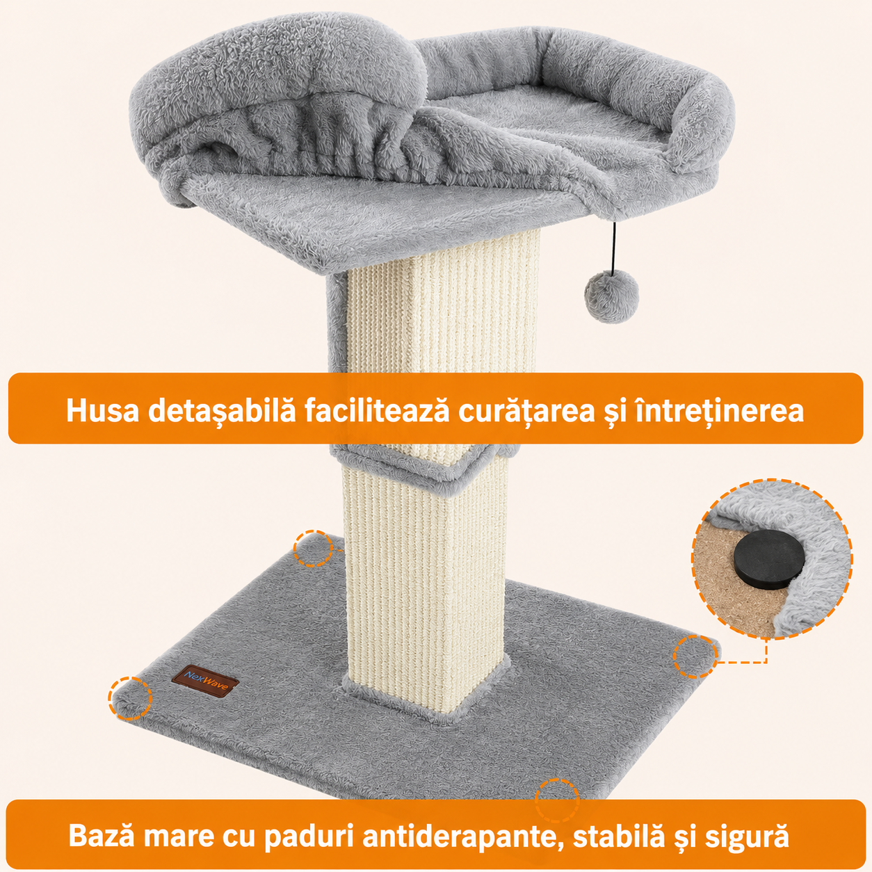 Stalp de zgariat pentru pisici NextWave®, cu suprafata durabila din sisal, culcus superior din plus cu husa detasabila, baza – imaginea 5