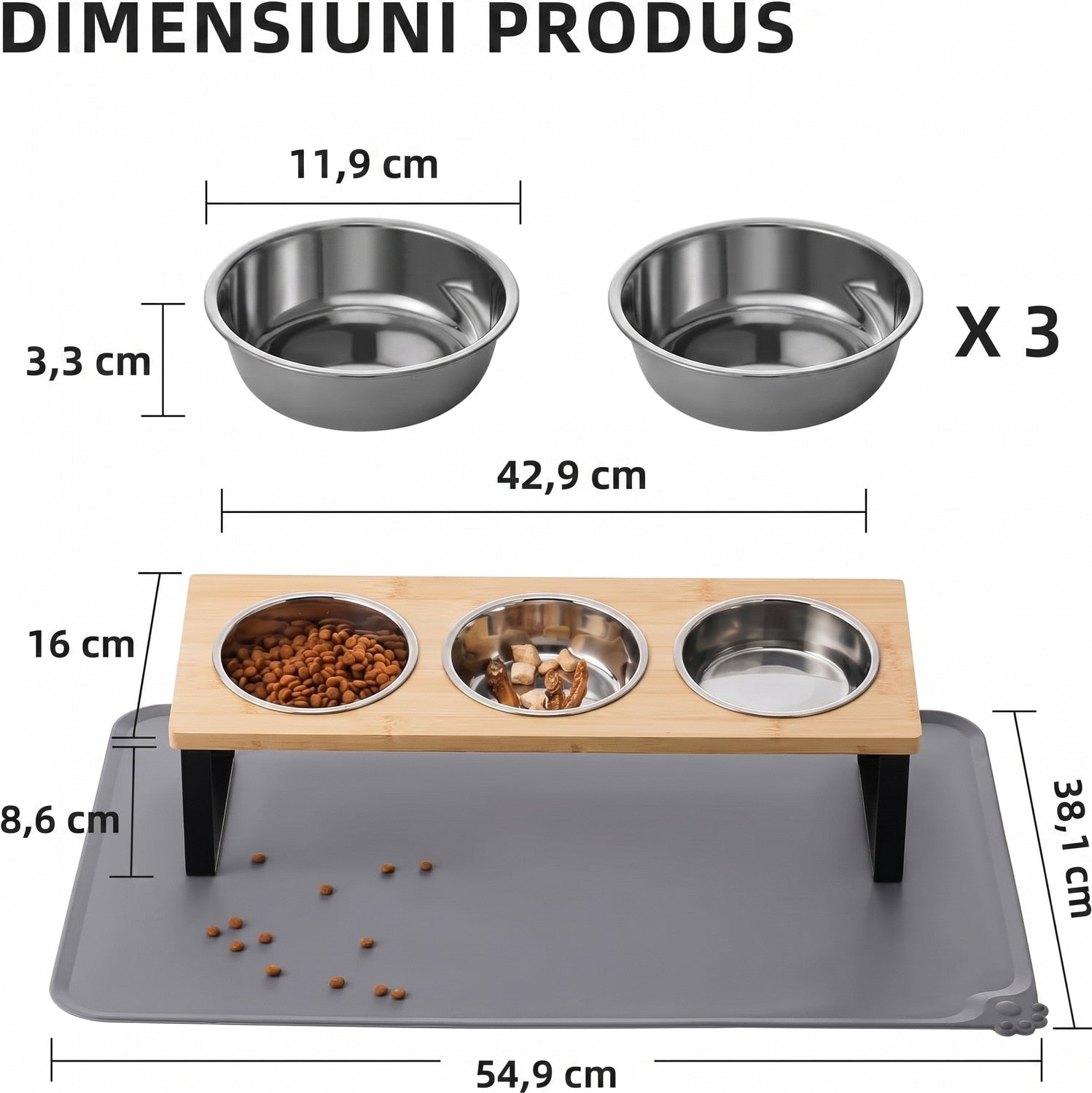 Set 3 boluri inaltate pentru pisici NextWave®️, suport inclinat la 15° anti-voma, 3 recipiente detasabile si covoras – imaginea 5