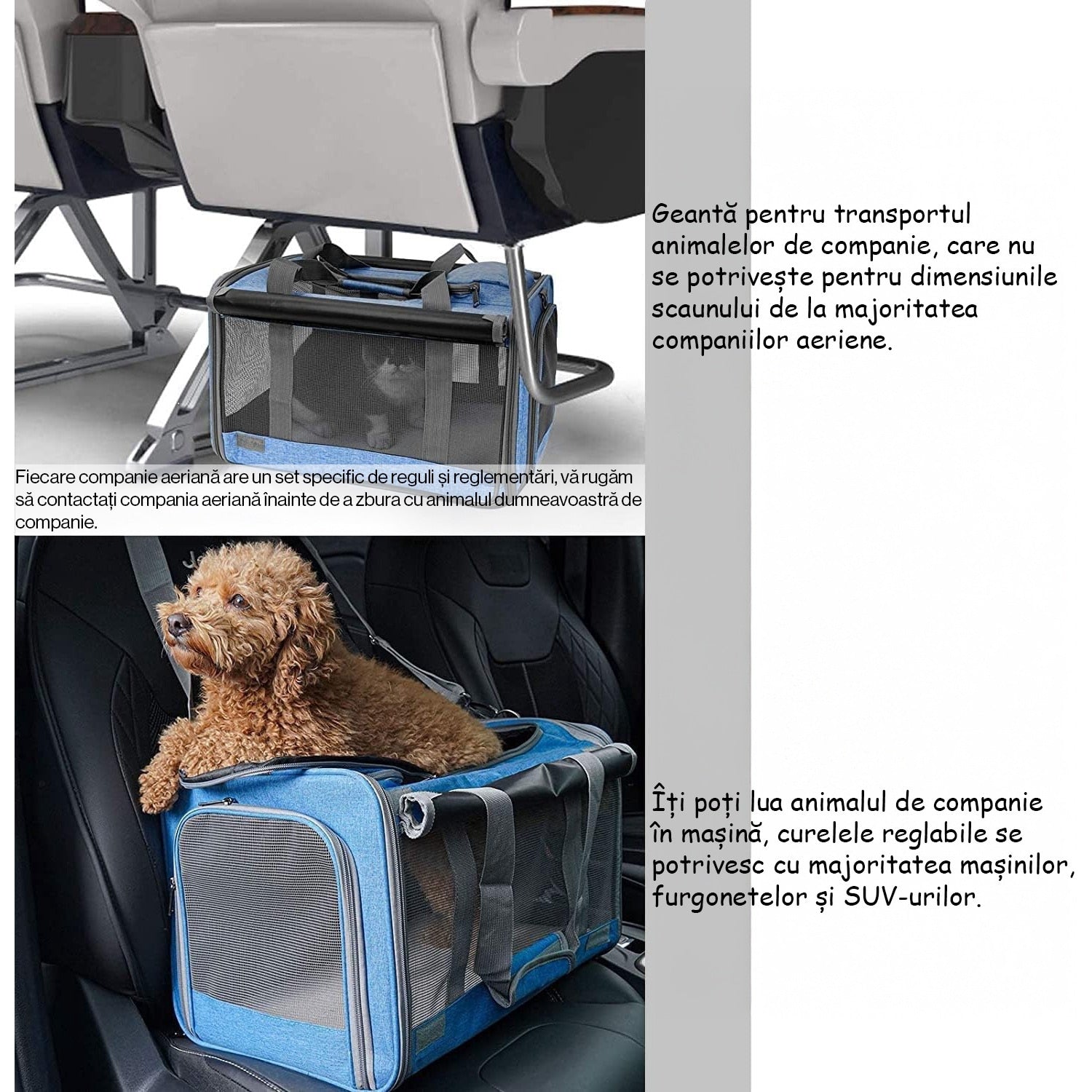 Geanta pentru transport animale mici NextWave®, pisica, caine, iepure, din panza, 46x30x30, Baza rezistenta cu covoras, Usor – imaginea 5