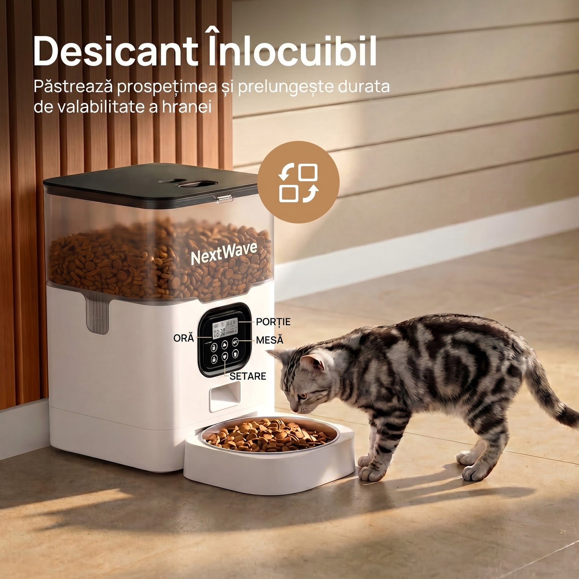 Hranitor Automat Digital Pisici si Caini NextWave®, Dispenser 4L, Rezervor Transparent, Mesaj Vocal Personalizat, 4 Mese/Zi – imaginea 5