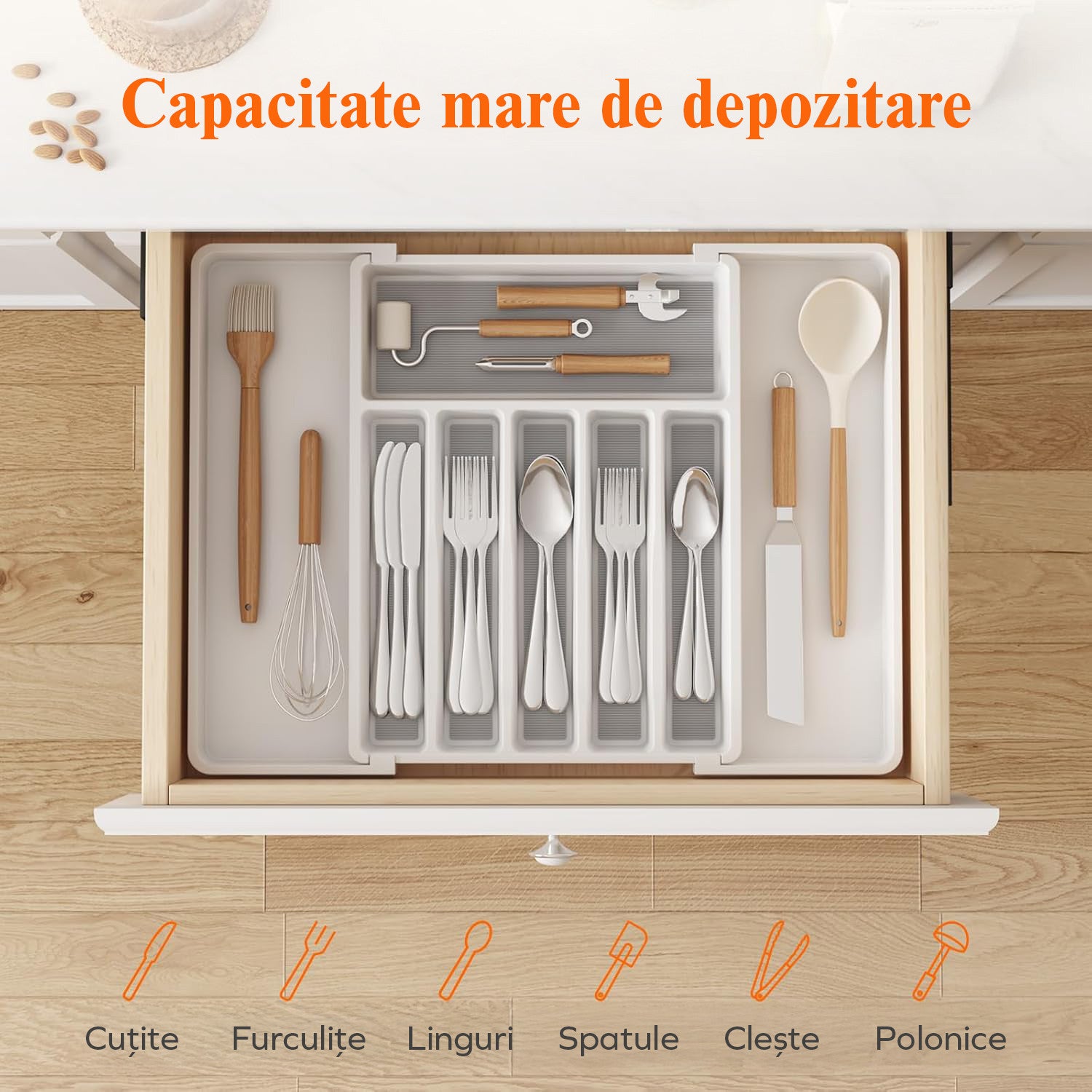 Organizator extensibil pentru tacamuri si ustensile de bucatarie NextWave® – suport sertar ajustabil 33–57 cm, cu 7–9 – imaginea 5