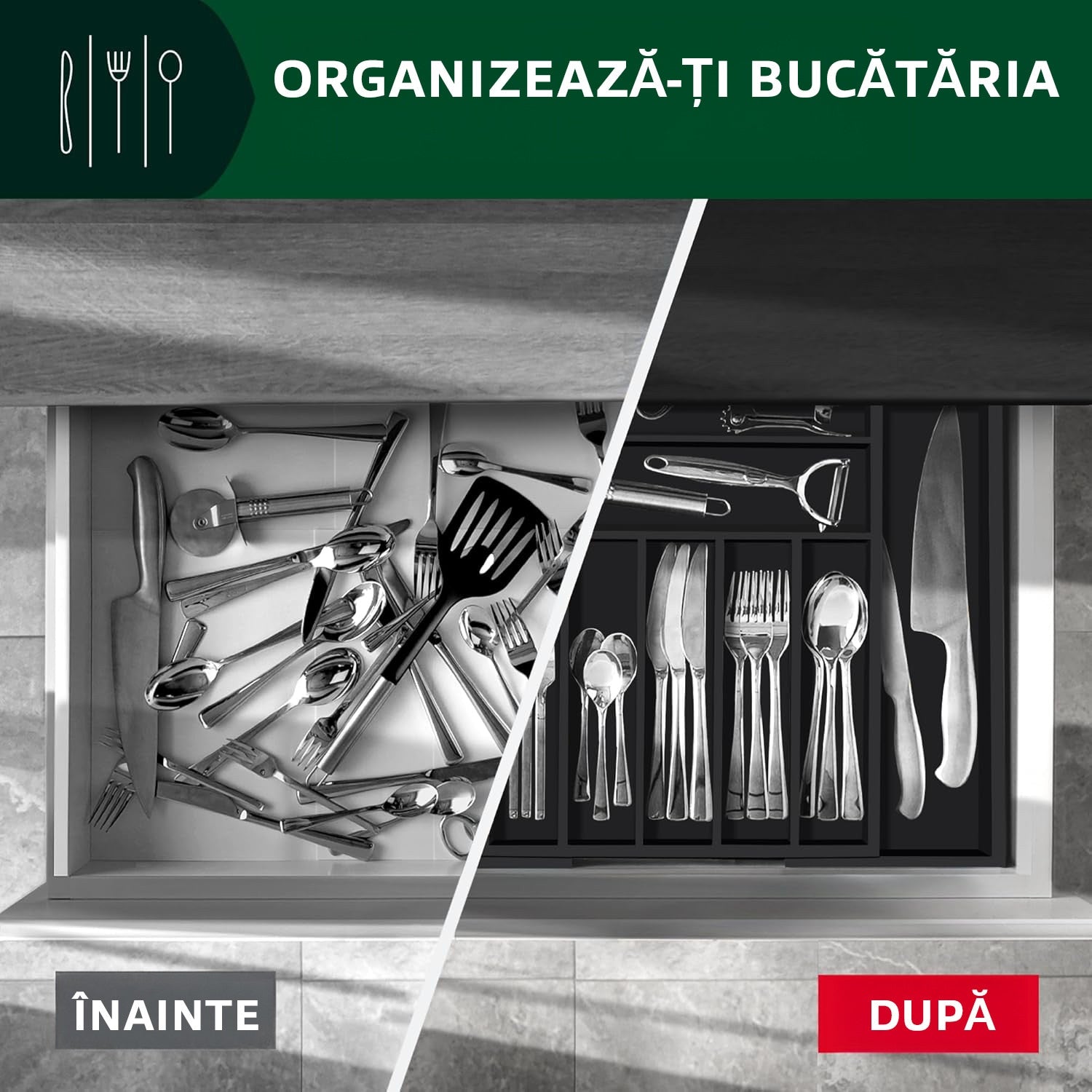 Organizator extensibil pentru tacamuri si ustensile NextWave – bambus natural lacuit, finisaj negru elegant, 9 compartimente – imaginea 5