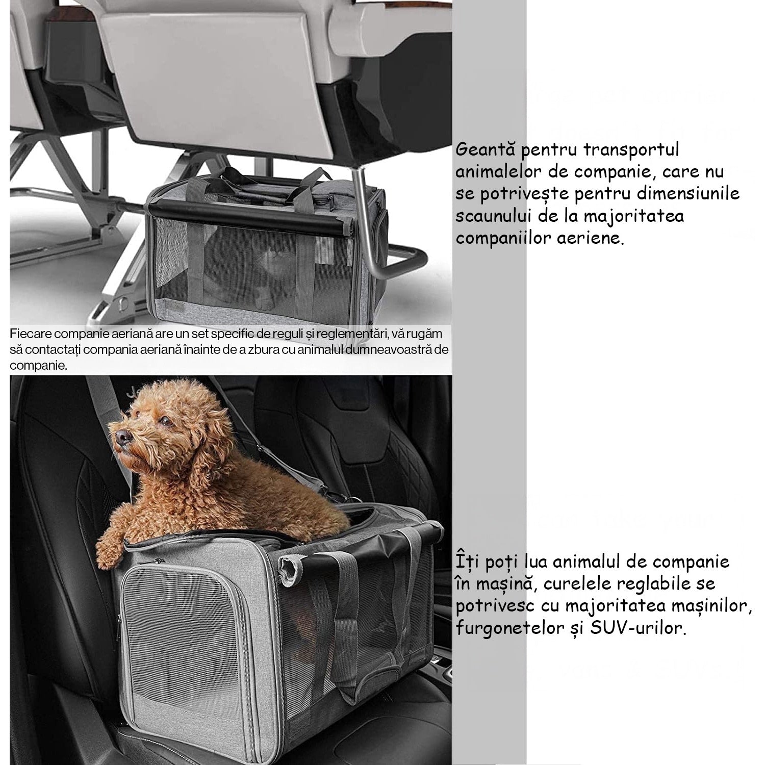 Geanta pentru transport animale mici NextWave®, pisica, caine, iepure, din panza, 46x30x30, Baza rezistenta cu covoras, Usor – imaginea 5