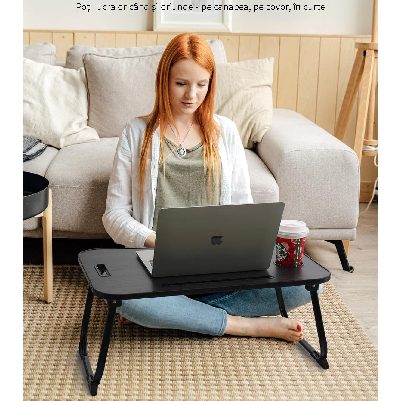 NextWave® Masa Portabila pentru Laptop 60×40 cm, Birou Lap Table pliabil cu Perna, Suport Pahar & Slot Tableta, maner de – imaginea 5
