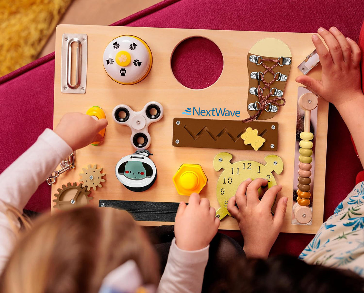 Placa senzoriala NextWave®, tabla de activitati Montessori din lemn cu 14 activitati educationale pentru invatarea – imaginea 5