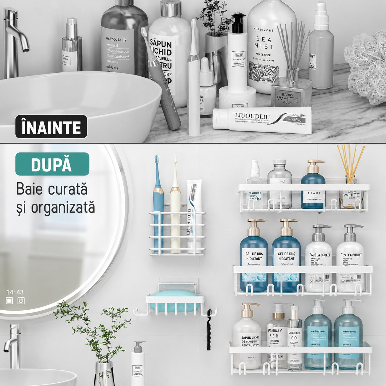 Raft de baie NextWave®, set 5 piese cu 3 etajere pentru dus, 1 suport pentru sapun si 1 suport pentru periute de dinti, din – imaginea 5