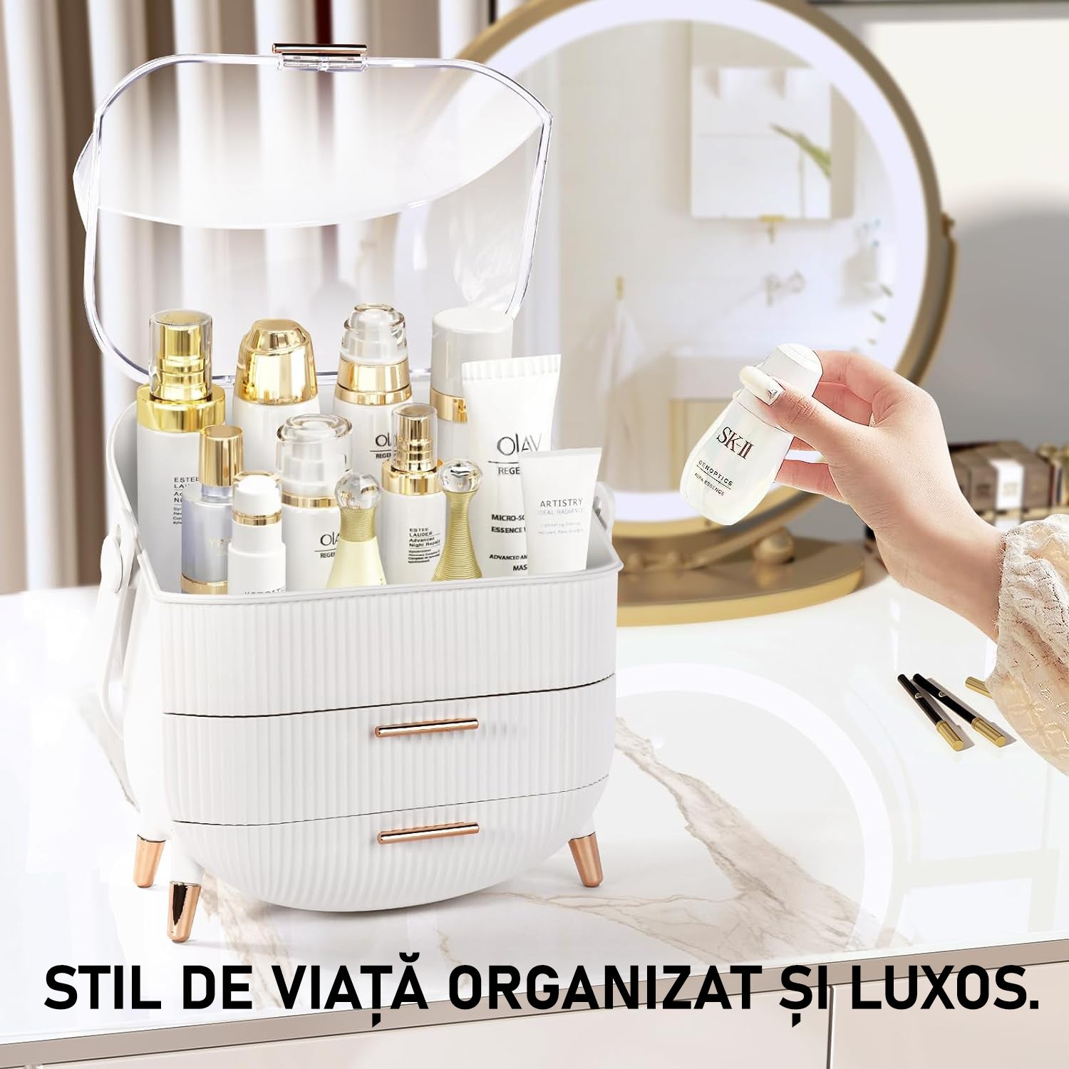 Organizator pentru cosmetice si bijuterii NextWave®, spatiu depozitare cu 2 sertare si vitrina, multifunctionala, alb – imaginea 5