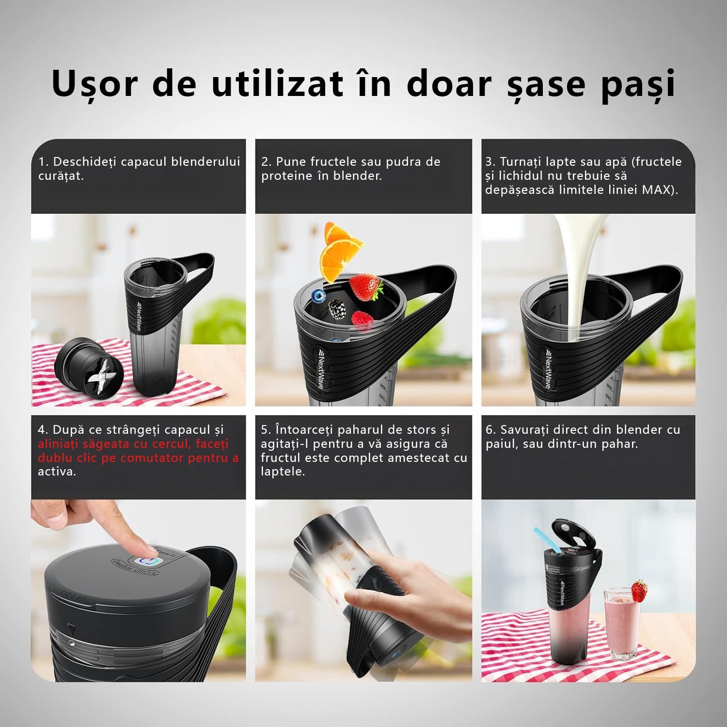 Blender electric portabilMini Blender Electric NextWave™, Portabil, Multifunctional, Auto-curatare, Autonomie Mare, Baterie – imaginea 5