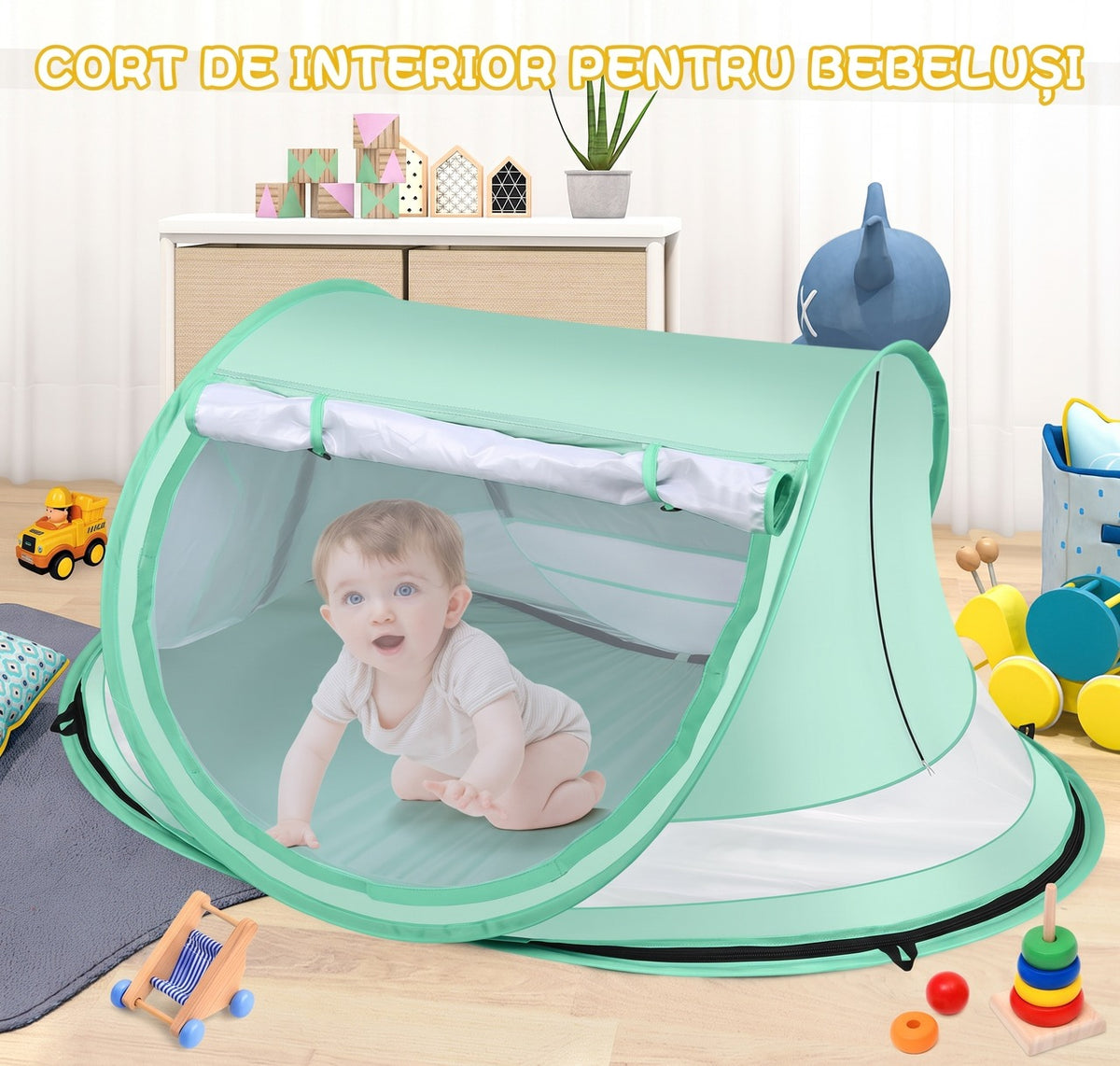Cort de plaja pentru bebelusi NextWave®️, protectie solara UPF 50+, deschidere pop-up automata, plasa respirabila pentru – imaginea 5