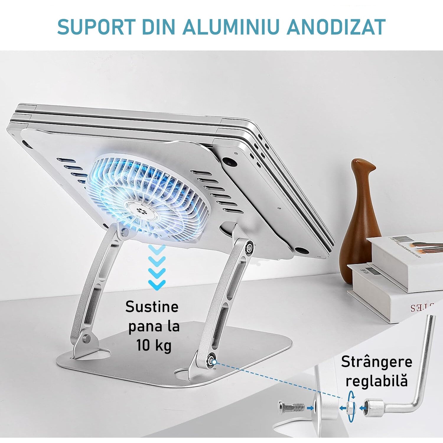 Suport Laptop Ergonomic, cu Sistem de Ventilatie prin Cooler, 3 viteze, Portabil, Stand Reglabil pe Inaltime, pentru Laptop – imaginea 5