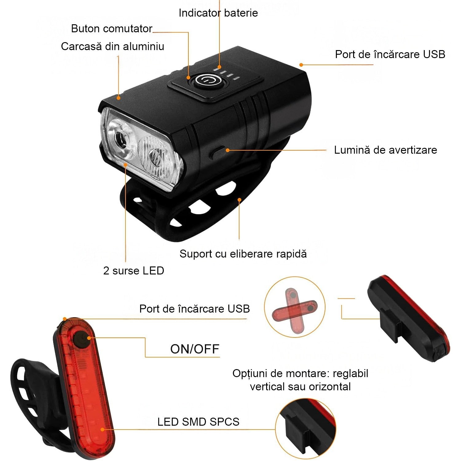 Set Lumini Bicicleta, Trotineta Fata Spate BeGenius®, Far si Stop Reincarcabil USB, Far 1000 lumeni cu 6 Moduri si Stop cu 4 – imaginea 5