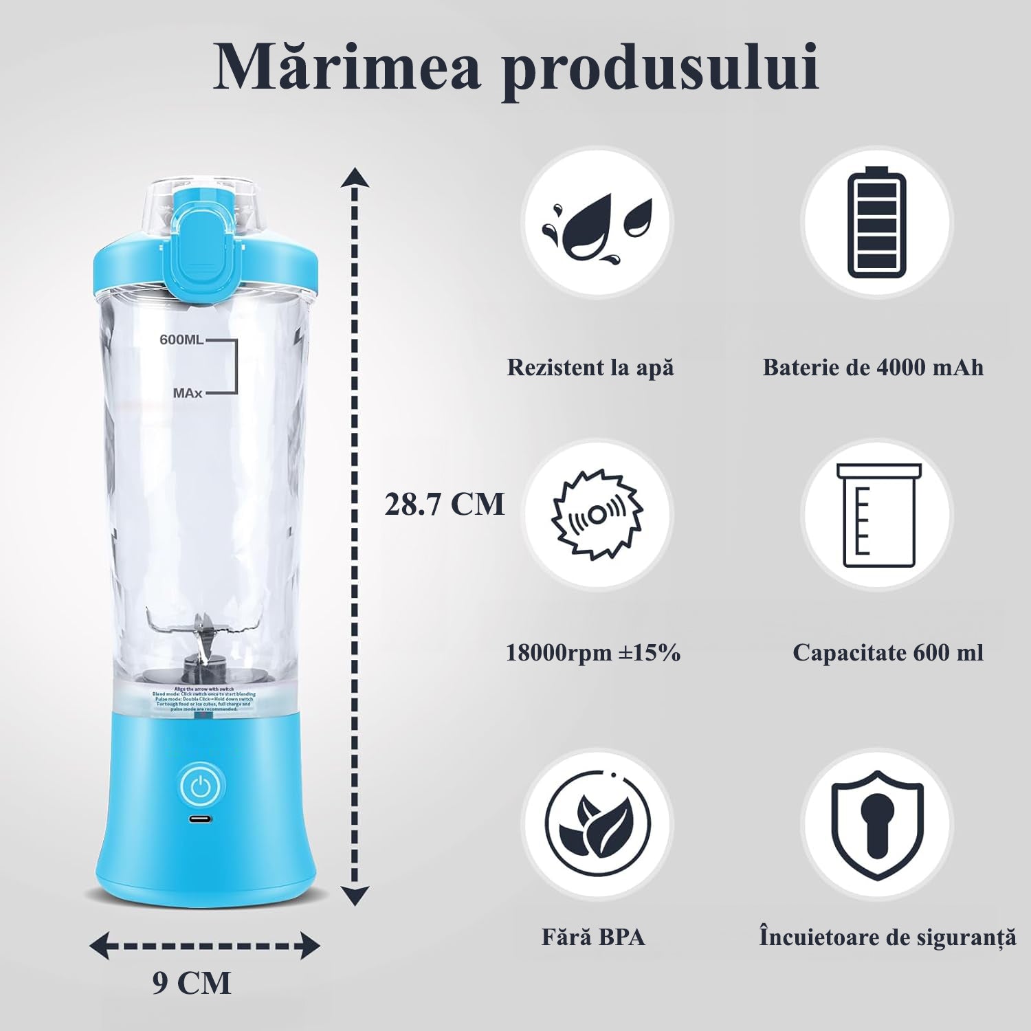 Mini Blender Electric Portabil NextWave™, Multifunctional, Auto-curatare, Autonomie Mare, Recipient detasabil cu capac – imaginea 5