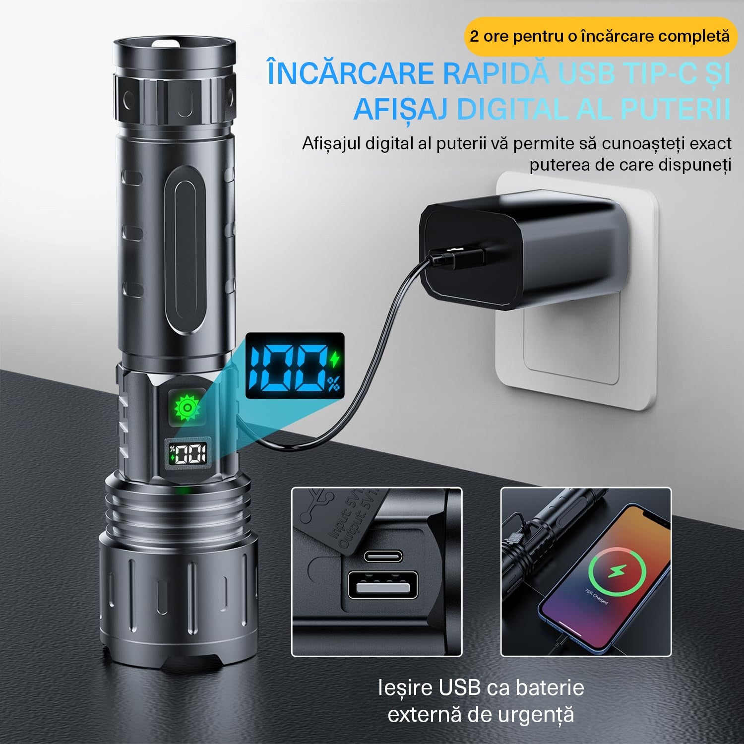 Lanterna BeGenius®, Focalizare Reglabila, 5 Moduri de Putere, LED P70, Baterie 5000 mAh, 2000lm, Iluminare Intensa pe Termen – imaginea 5
