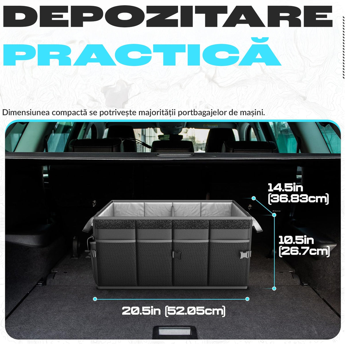 Organizator portbagaj auto pliabil NextWave®️, capacitate mare 55×40×26 cm, compartimentare cu separator detasabil, 2 placi – imaginea 5