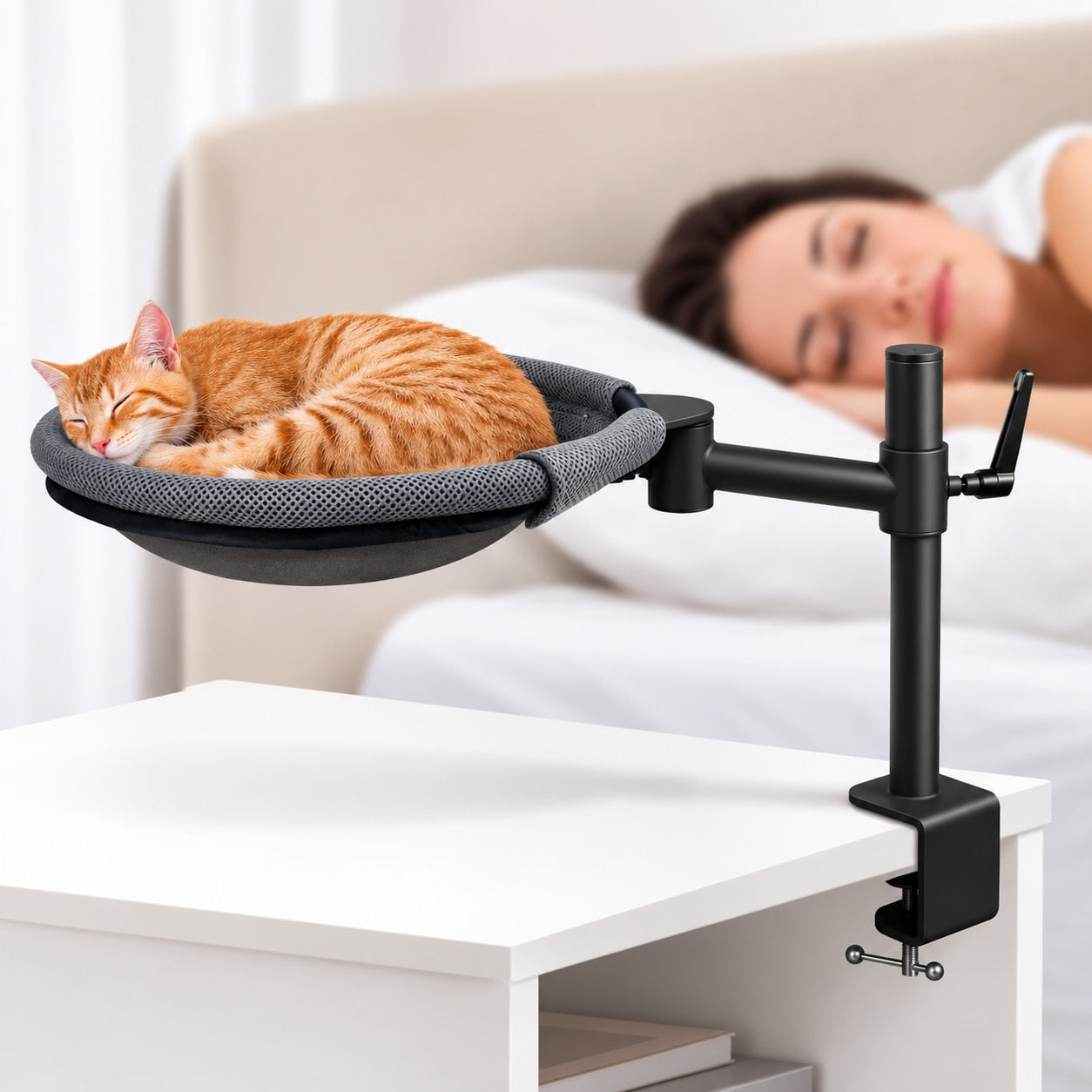 Pat suspendat pentru pisici NextWave®, hamac de birou cu prindere metalica fara gaurire, rotatie dubla la 360°, inaltime – imaginea 5
