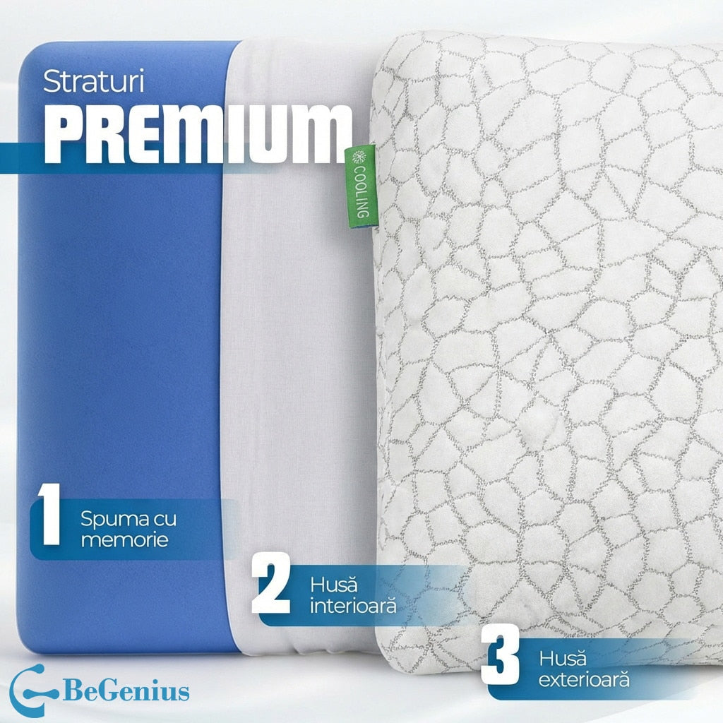 Perna ortopedica pentru dormit din spuma cu memorie cu gel BeGenius, Husa detasabila, ergonomica ventilata pentru Gat si – imaginea 5