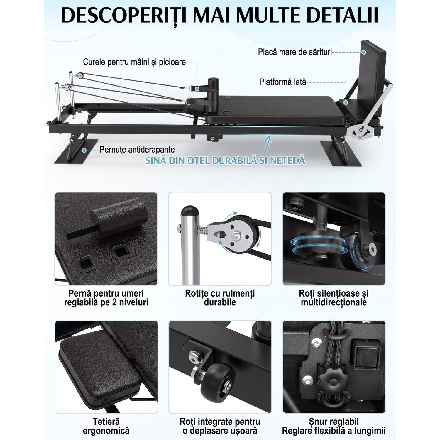 Aparat Pilates Reformer pliabil NextWave®️, pentru antrenamentul complet al corpului si recuperare, rezistenta dubla – imaginea 5
