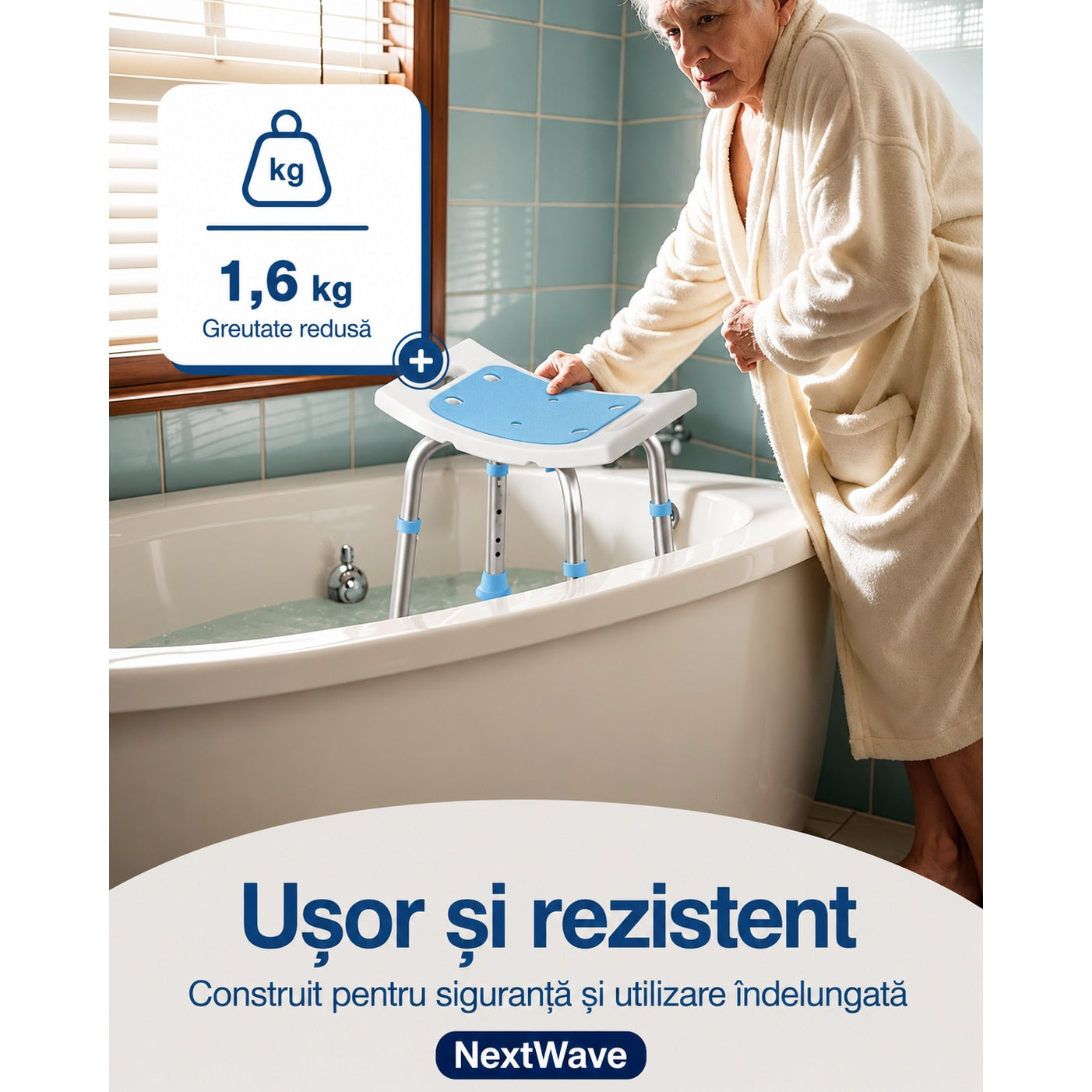 Scaun de dus NextWave® pentru baie si cada, reglabil pe inaltime, cadru rezistent din aluminiu, sezut confortabil, picioare – imaginea 5