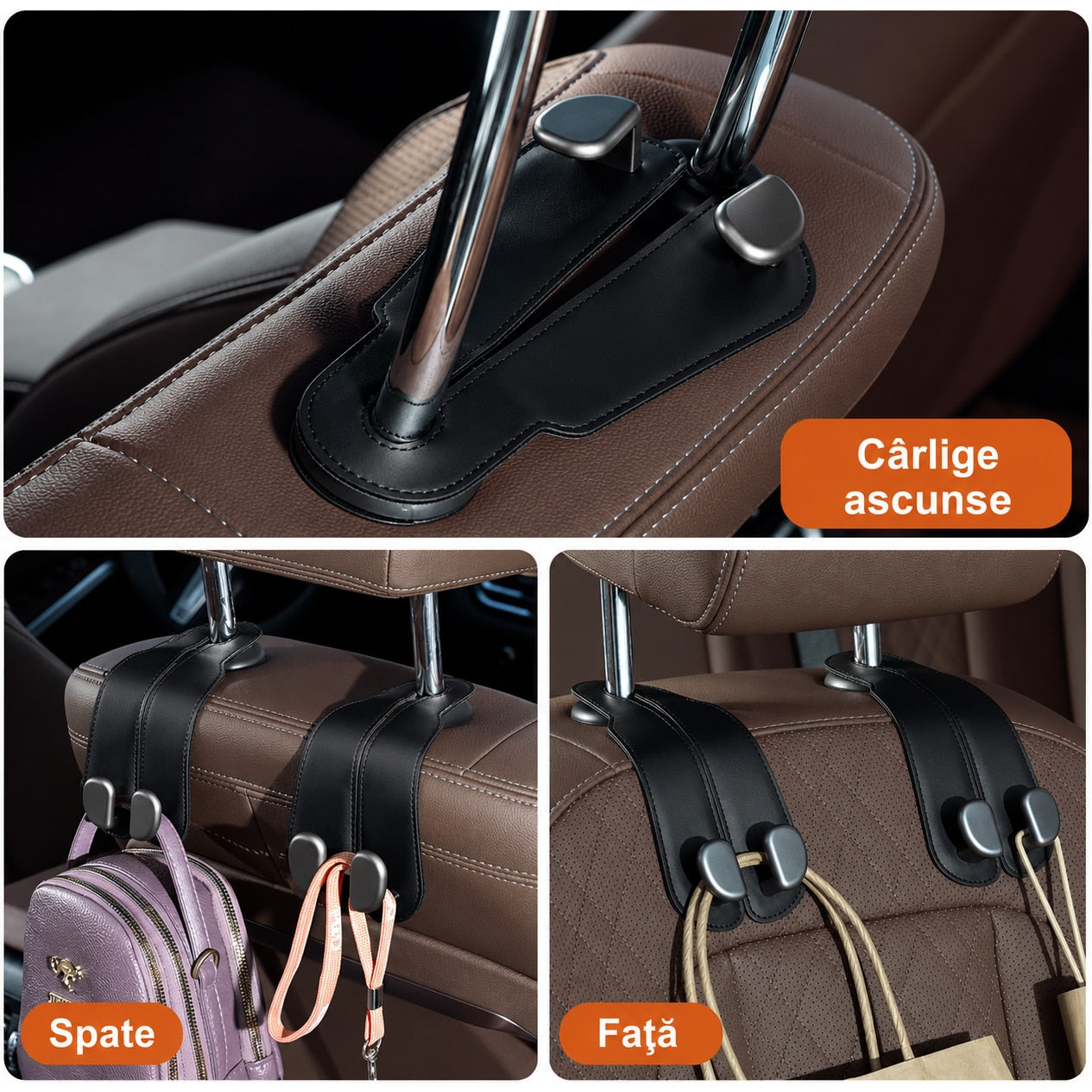 Set 2 carlige auto duble pentru tetiera NextWave®, pentru genti, sacose, haine si accesorii, aliaj de aluminiu-magneziu cu – imaginea 5