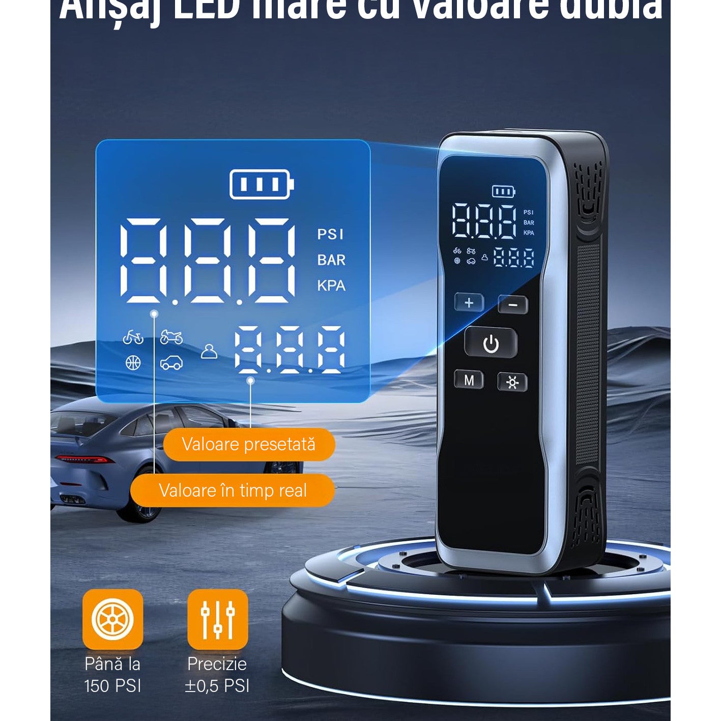Compresor auto portabil NextWave, 150 PSI, 34 L/min, alimentare duala, Negru Metalic, 4,4x19,5x6,2 cm – imaginea 5