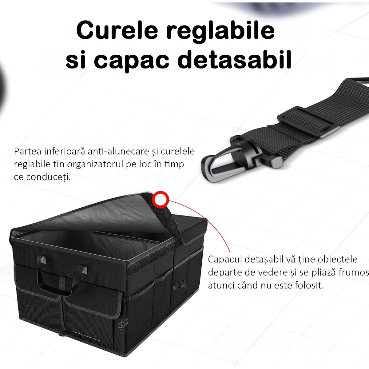 Organizator portbagaj auto NextWave®️ cu chingi de ancorare si capac, Multifunctional, Pliabil, 9 compartimente, Capacitate – imaginea 5