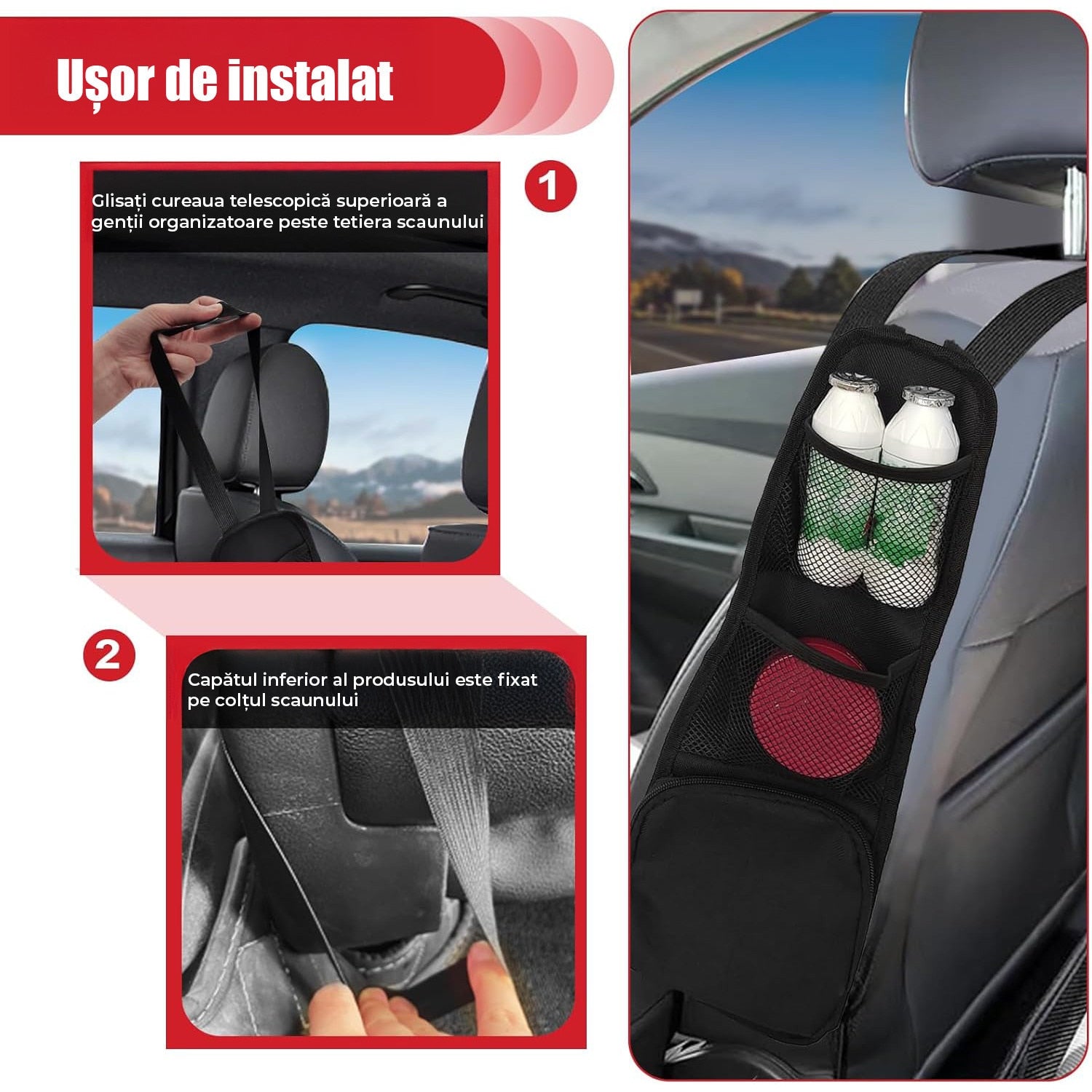 Set 2 huse laterale depozitare auto NextWave®️, organizatoare cu plasa si buzunare multiple pentru accesorii, montaj – imaginea 5