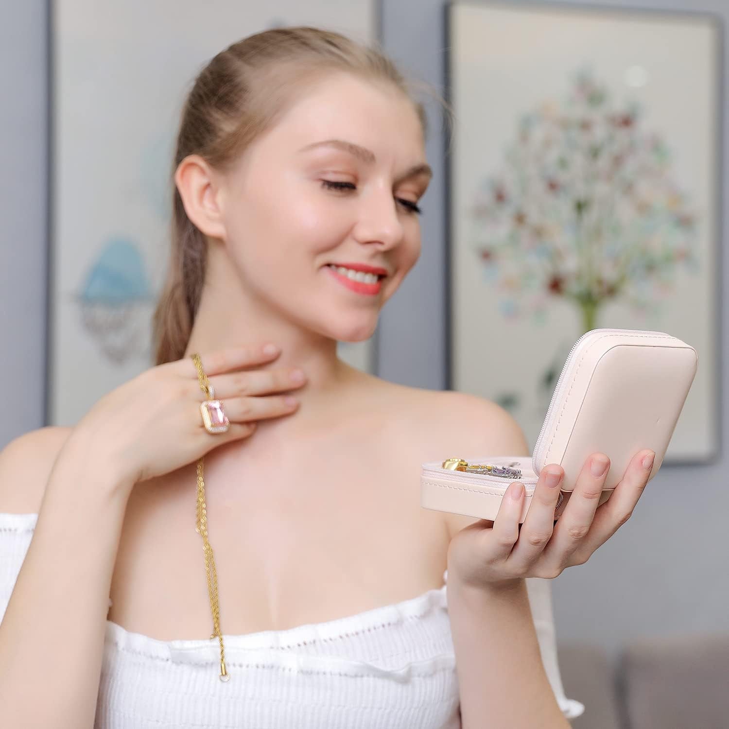 Cutie bijuterii NextWave® portabila din piele ecologica, design modern cu oglinda integrata si compartimente – imaginea 5