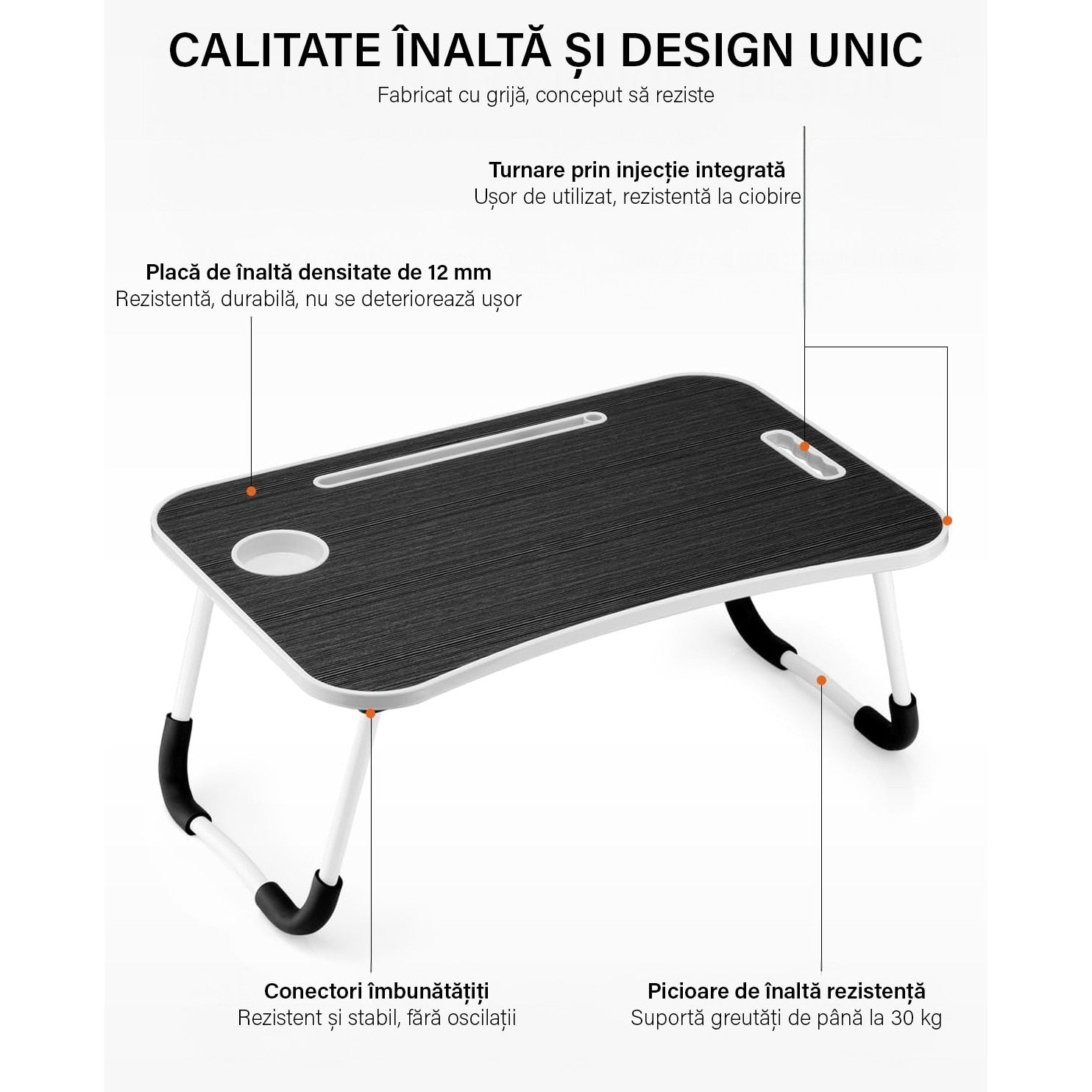 NextWave® Masa Portabila si Pliabila pentru Laptop 60×40 cm, Birou Lap Table pliabil cu Perna, Suport Pahar & Slot Tableta – imaginea 5