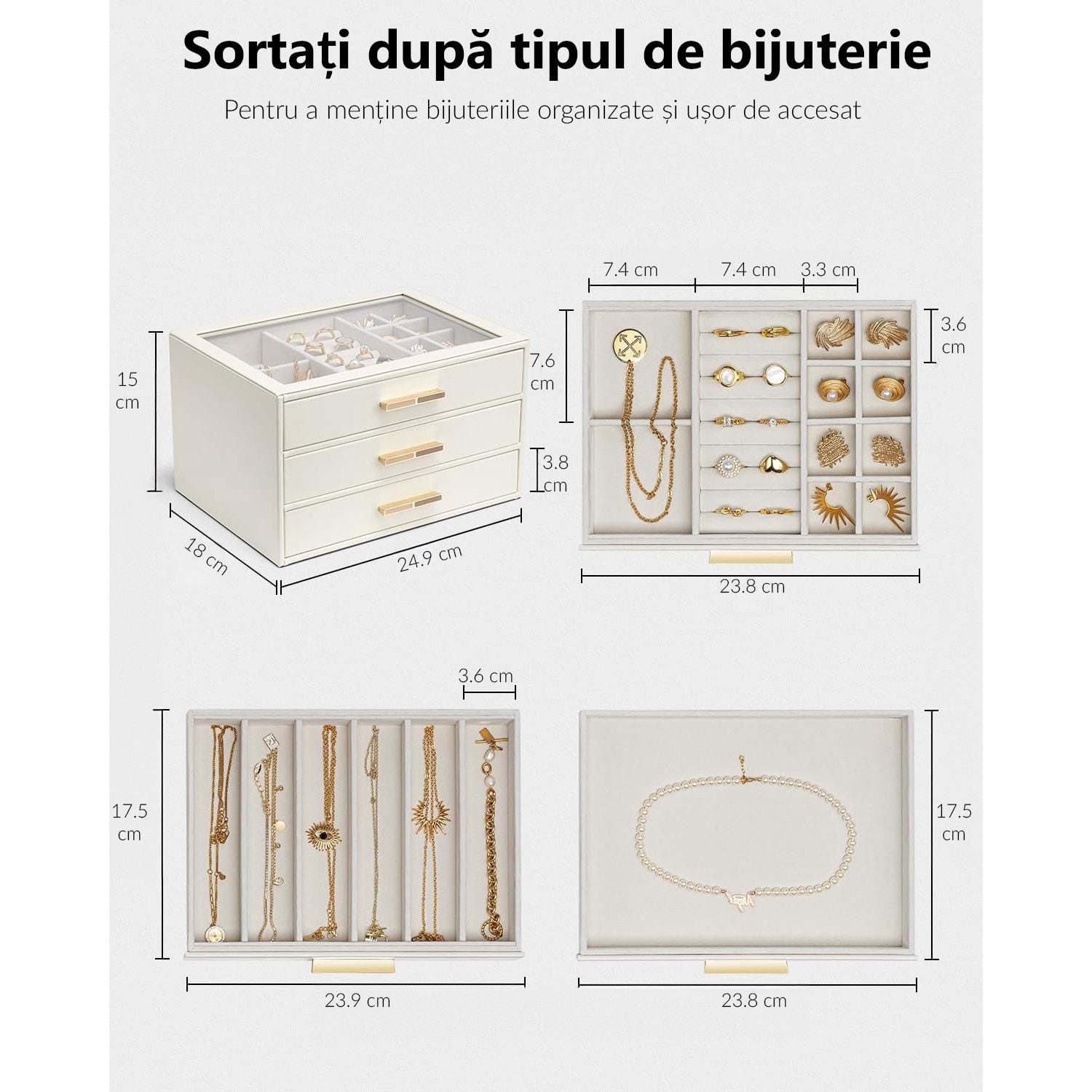 Cutie de bijuterii, organizator cu capac transparent, spatiu de depozitare 3 sertare pentru coliere, inele, cercei – imaginea 5