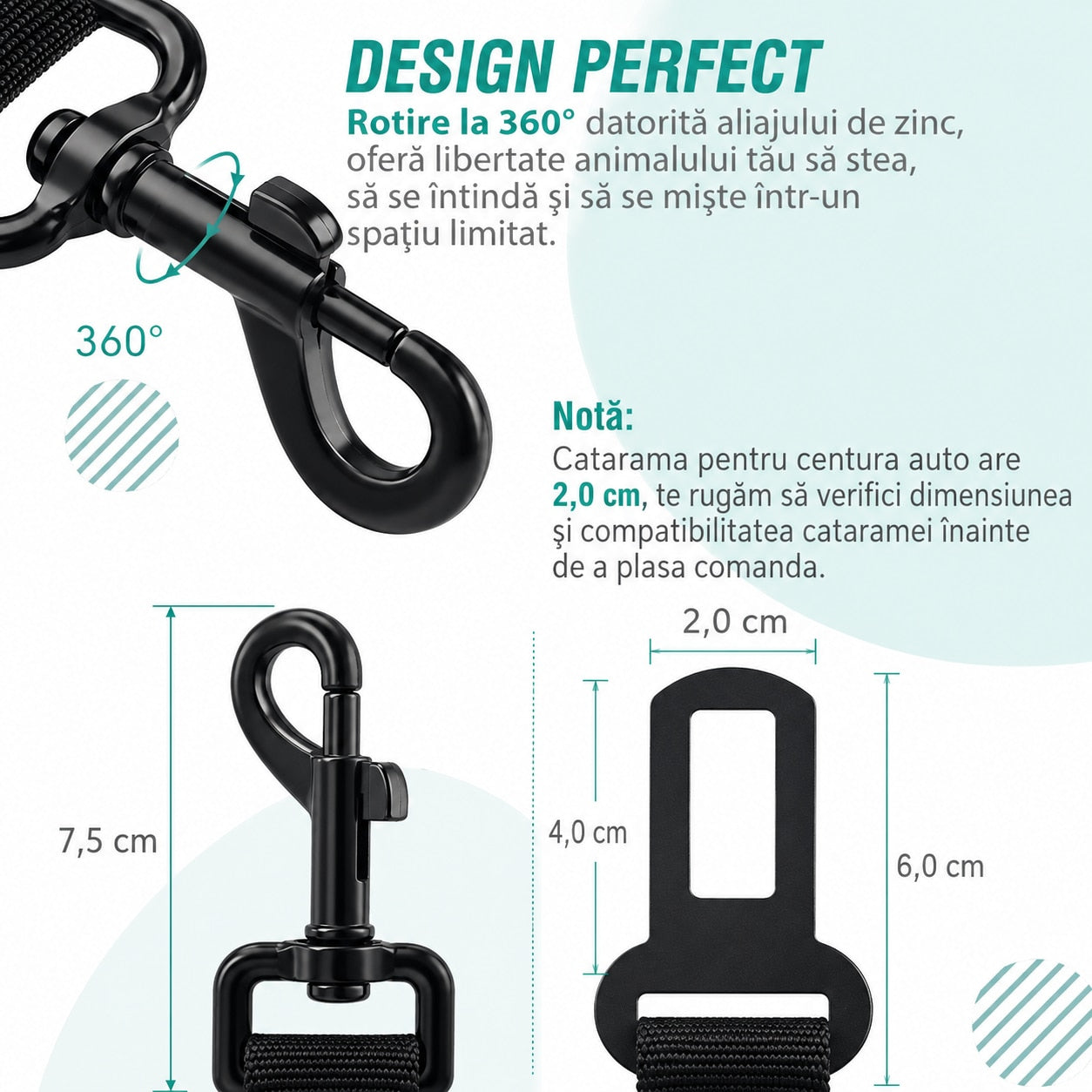 Centura auto NextWave® pentru siguranta cainilor, reglabila 61-79 cm, chinga din nailon rezistent cu cusaturi ranforsate – imaginea 5