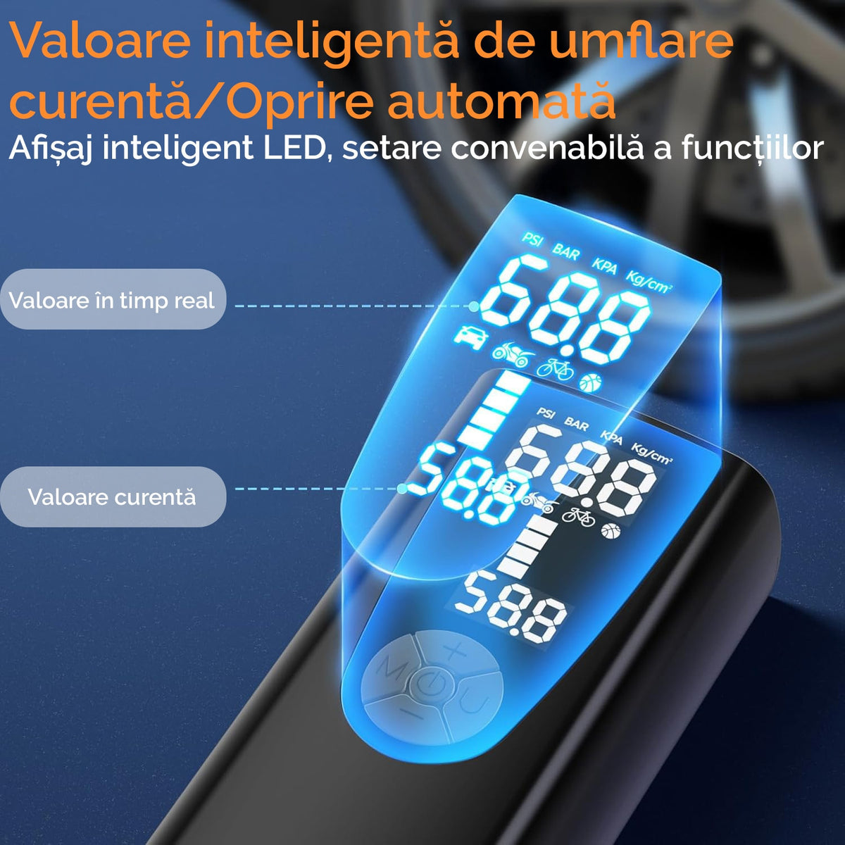 Compresor portabil electric NextWave® – pompa de aer reincarcabila 6000 mAh, presiune 0, 1-10, 3 bar (150 PSI), display – imaginea 5