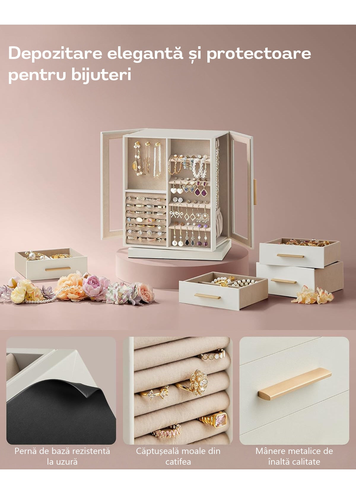 NextWave® Cutie de bijuterii verticala rotativa 360° cu 5 sertare, 18 carlige pentru coliere, compartimente pentru inele si – imaginea 5