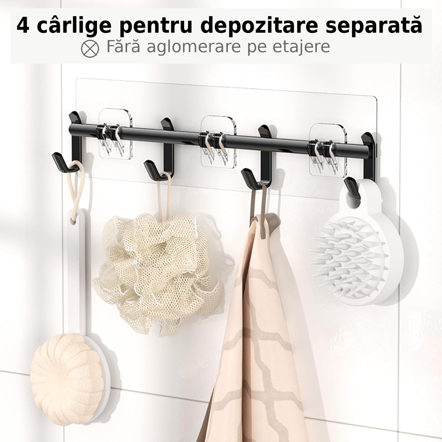 Raft de baie NextWave® la set, 6 piese cu 3 etajere mari, 1 raft compact, suport pentru sapun si sistem cu carlige, montare – imaginea 5