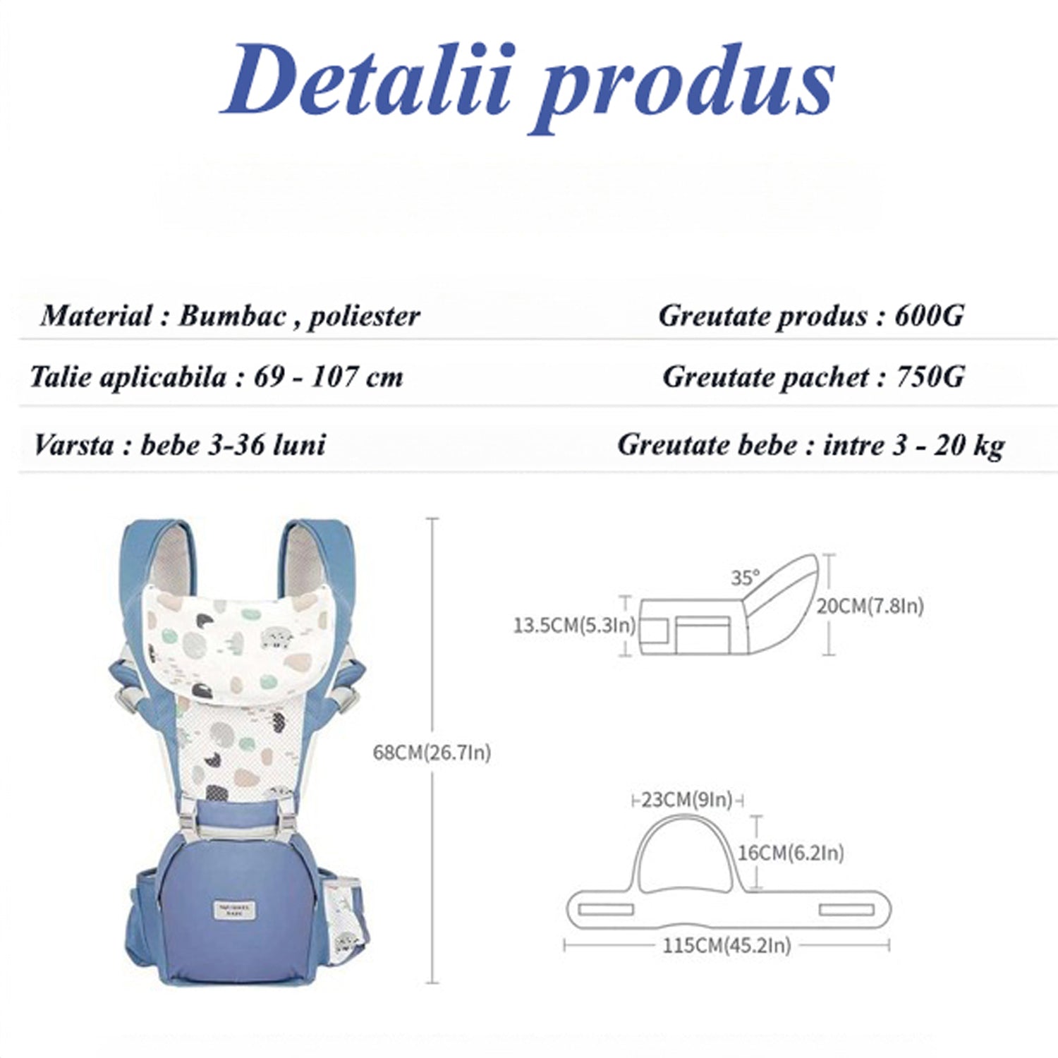 Marsupiu Ergonomic pentru bebe, Multifunctional 2 in 1 ajustabil si detasabil, support sezut si lombar, 0-36l luni, all – imaginea 5