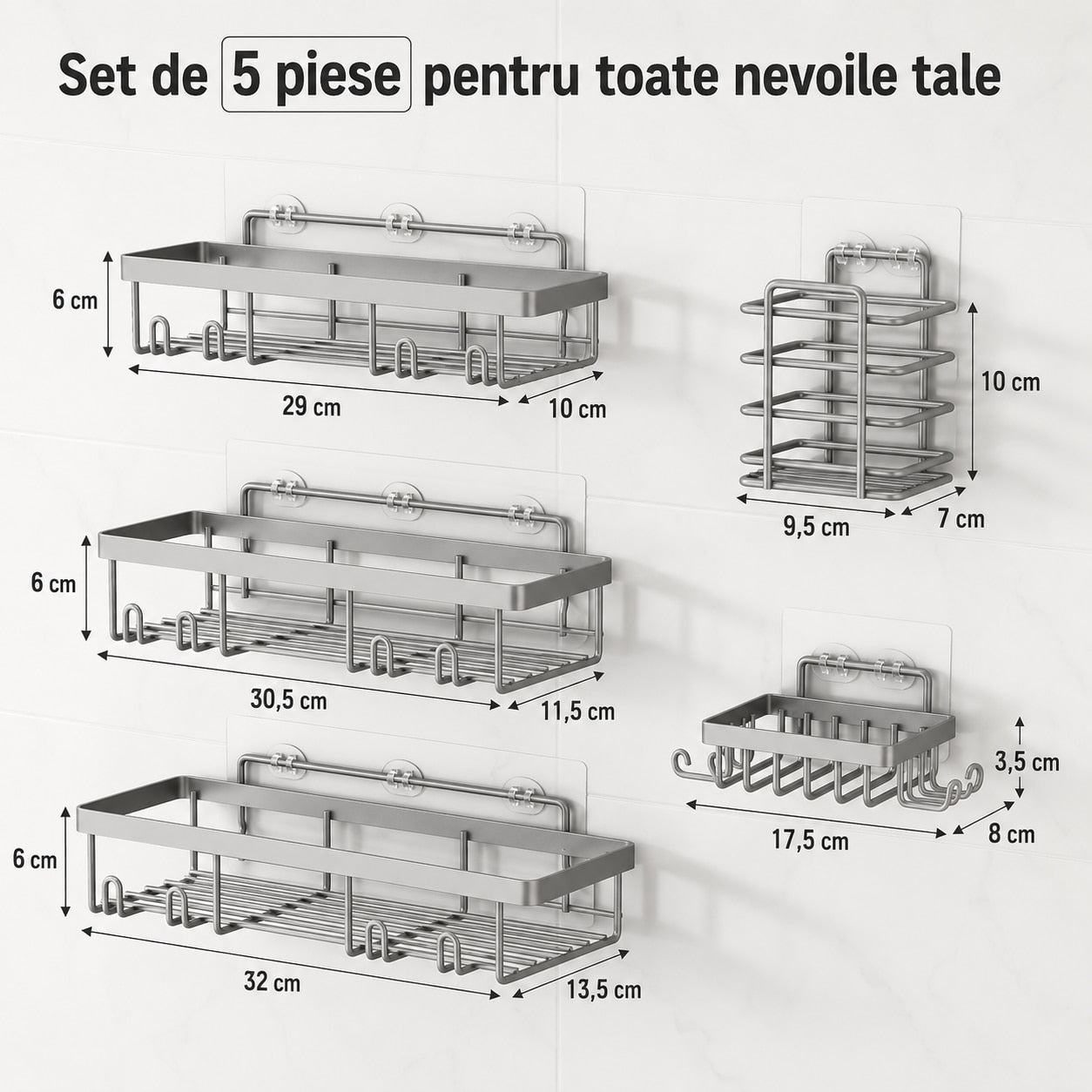 Raft de baie NextWave®, set 5 piese cu 3 etajere pentru dus, 1 suport pentru sapun si 1 suport pentru periute de dinti, din – imaginea 5