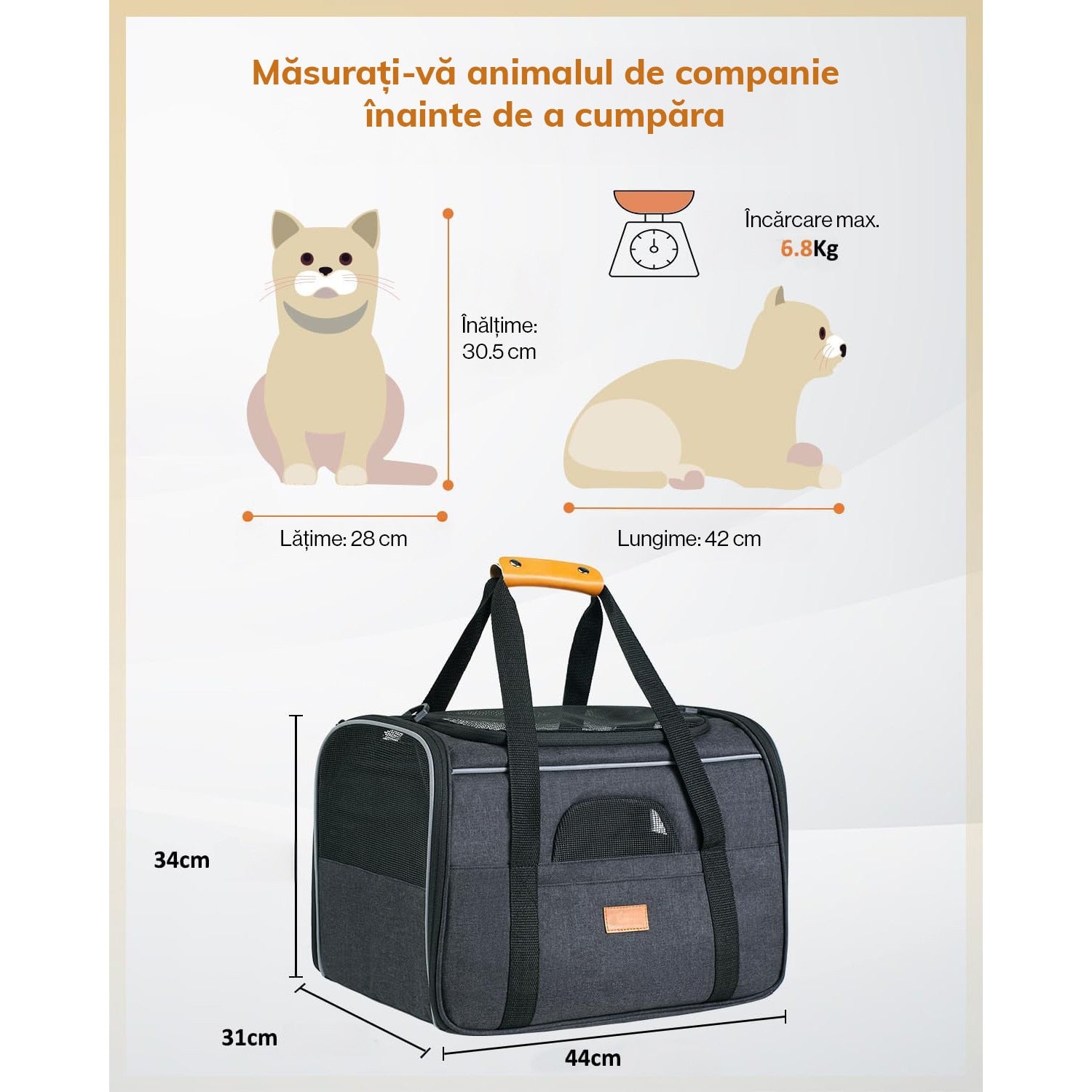 Geanta pentru transport animale mici NextWave®, pisica, caine, iepure, din panza, 45x35x33 cm, Baza rezistenta cu covoras – imaginea 5