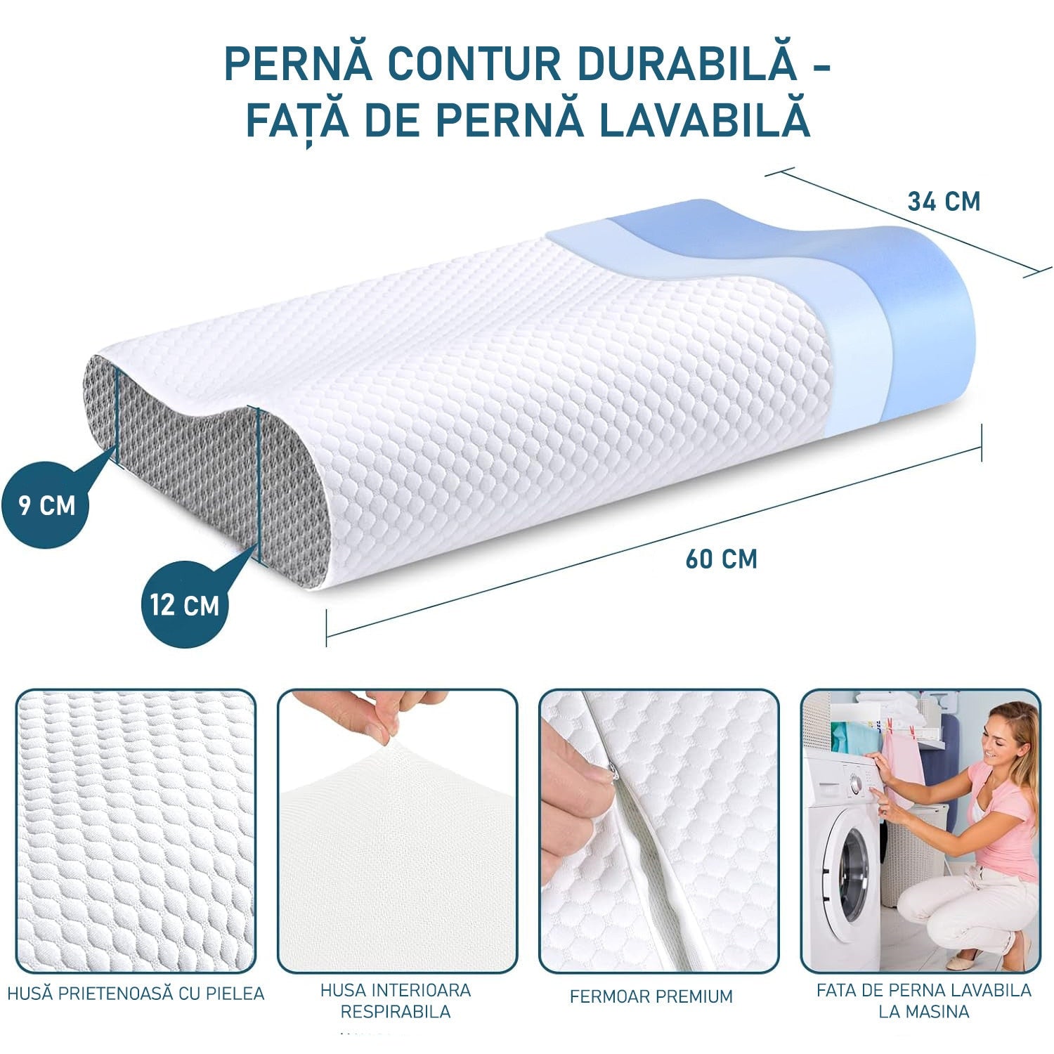 Set 2 perne ortopedice pentru dormit NextWave™, Spuma cu Memorie ergonomica pentru Gat si Suport Cervical, Husa lavabila – imaginea 5