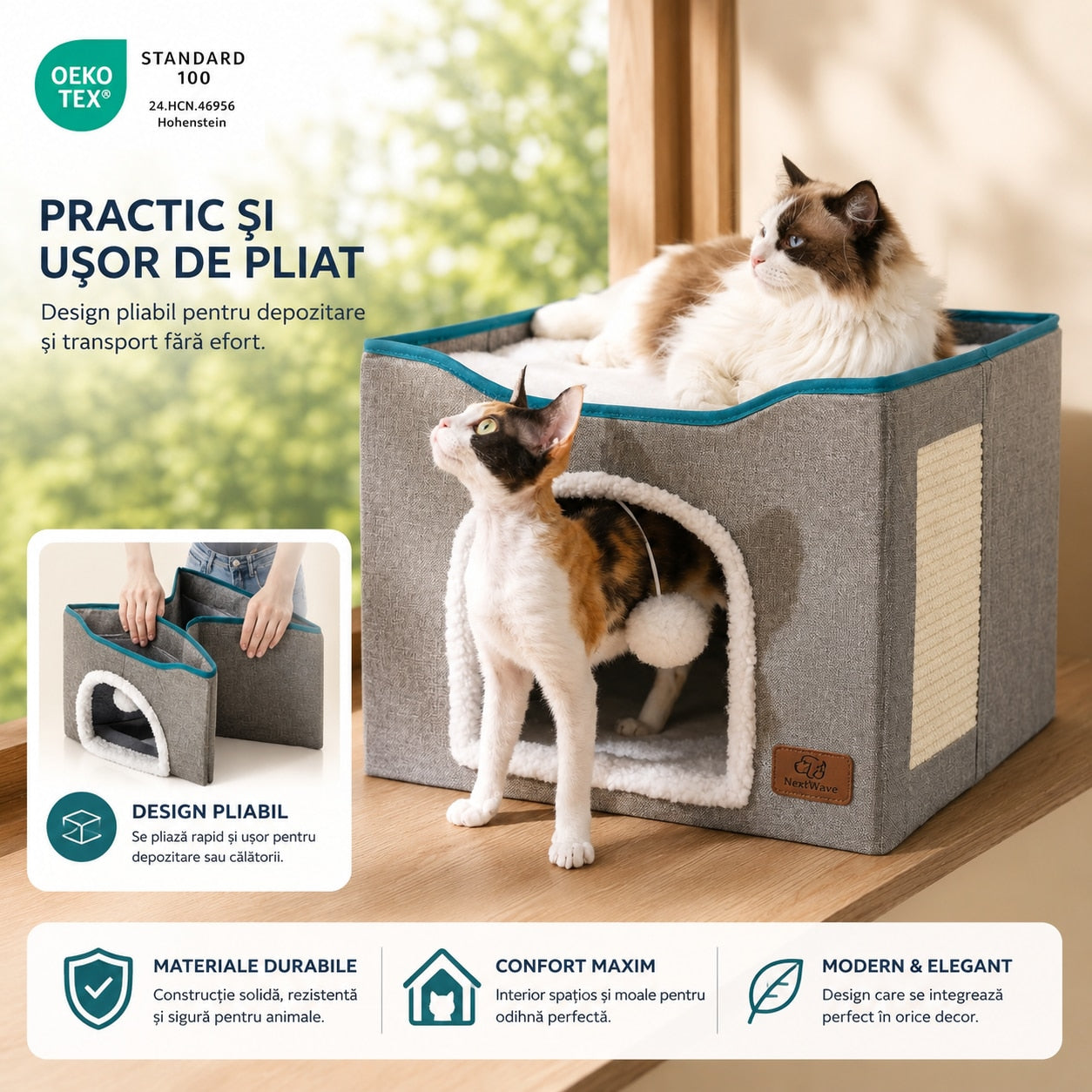 Casa pentru pisici NextWave® cu doua zone, bila pufoasa si zona de zgariat, Pliabila, Moale si pufoasa, Respirabila, Usoara – imaginea 5