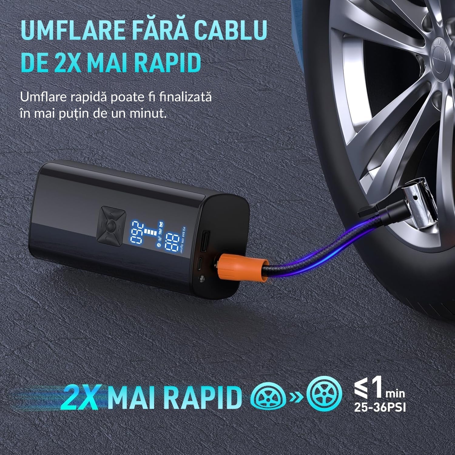Compresor Auto Portabil Digital NextWave cu accumulator, 150PSI/10 Bari, Baterie Reincarcabila, pentru Anvelope Auto – imaginea 5