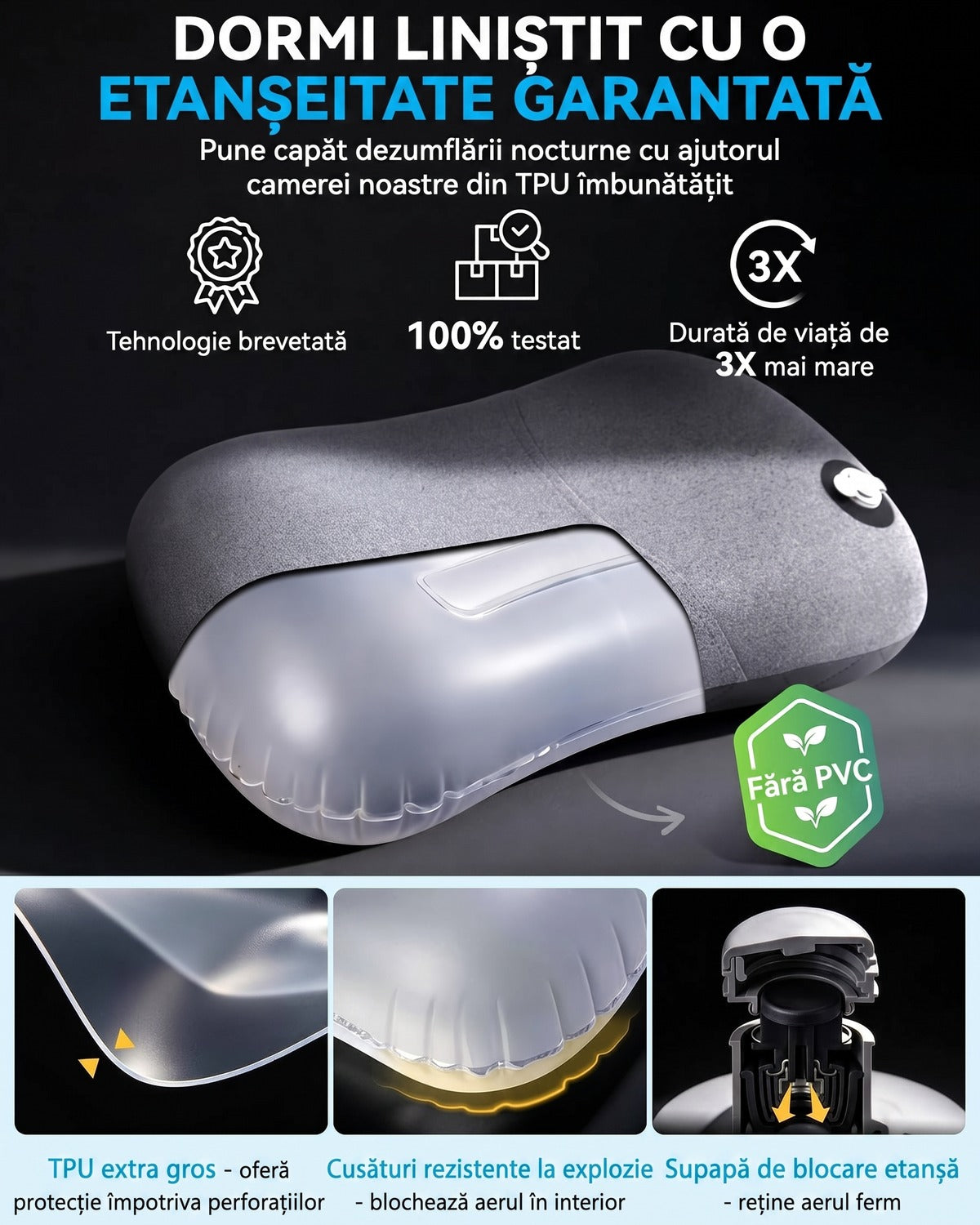 Pernă gonflabilă de camping NextWave®️, suport cervical ergonomic, supapă One-Click de umflare rapidă, bandă elastică – imaginea 5