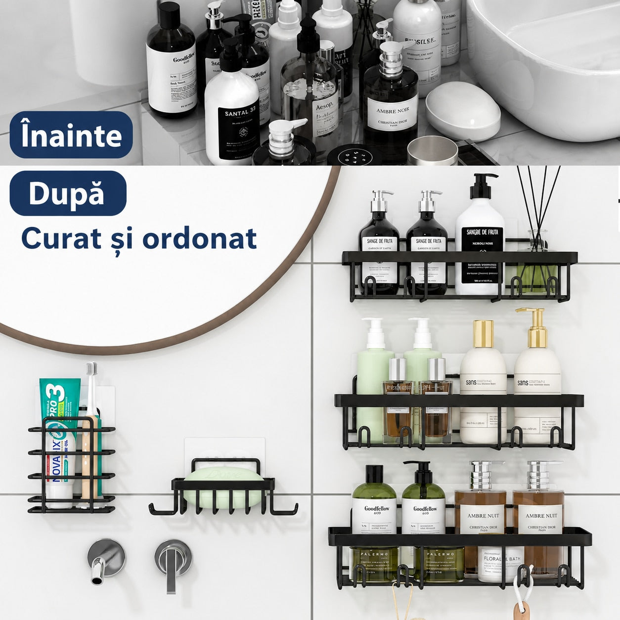 Raft de baie NextWave® la set, 5 piese cu 3 etajere pentru dus, 1 suport pentru sapun si 1 suport pentru periute de dinti – imaginea 5