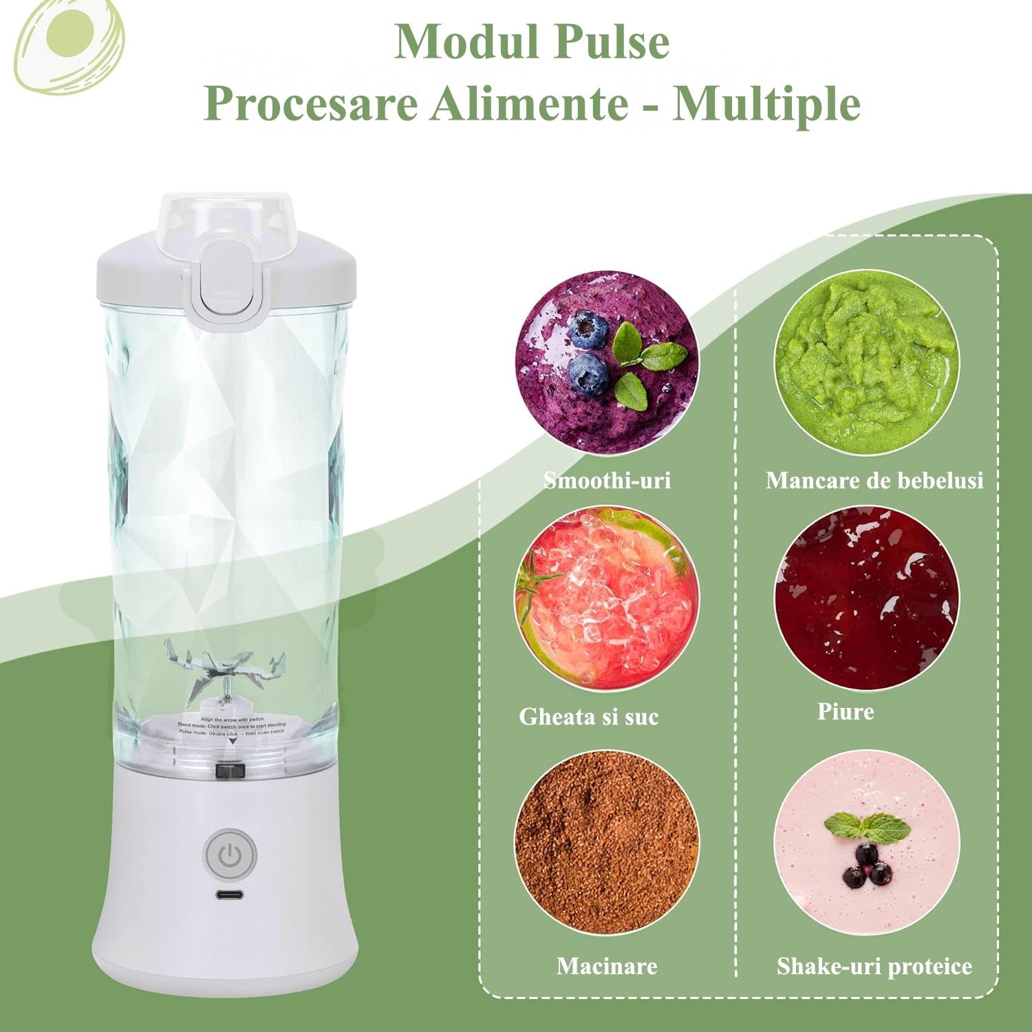 Mini Blender Electric Portabil NextWave™, Multifunctional, Auto-curatare, Autonomie Mare, Recipient detasabil cu capac – imaginea 5