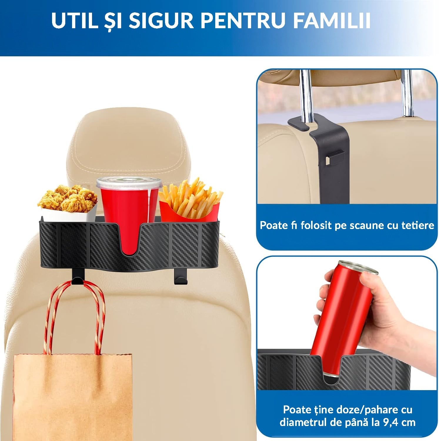 Set 2 Organizatoare Auto Spate NextWave®, 3-in-1 cu Suport Pahar, Depozitare Accesorii, Carlige Reglabile, Plastic Durabil – imaginea 5