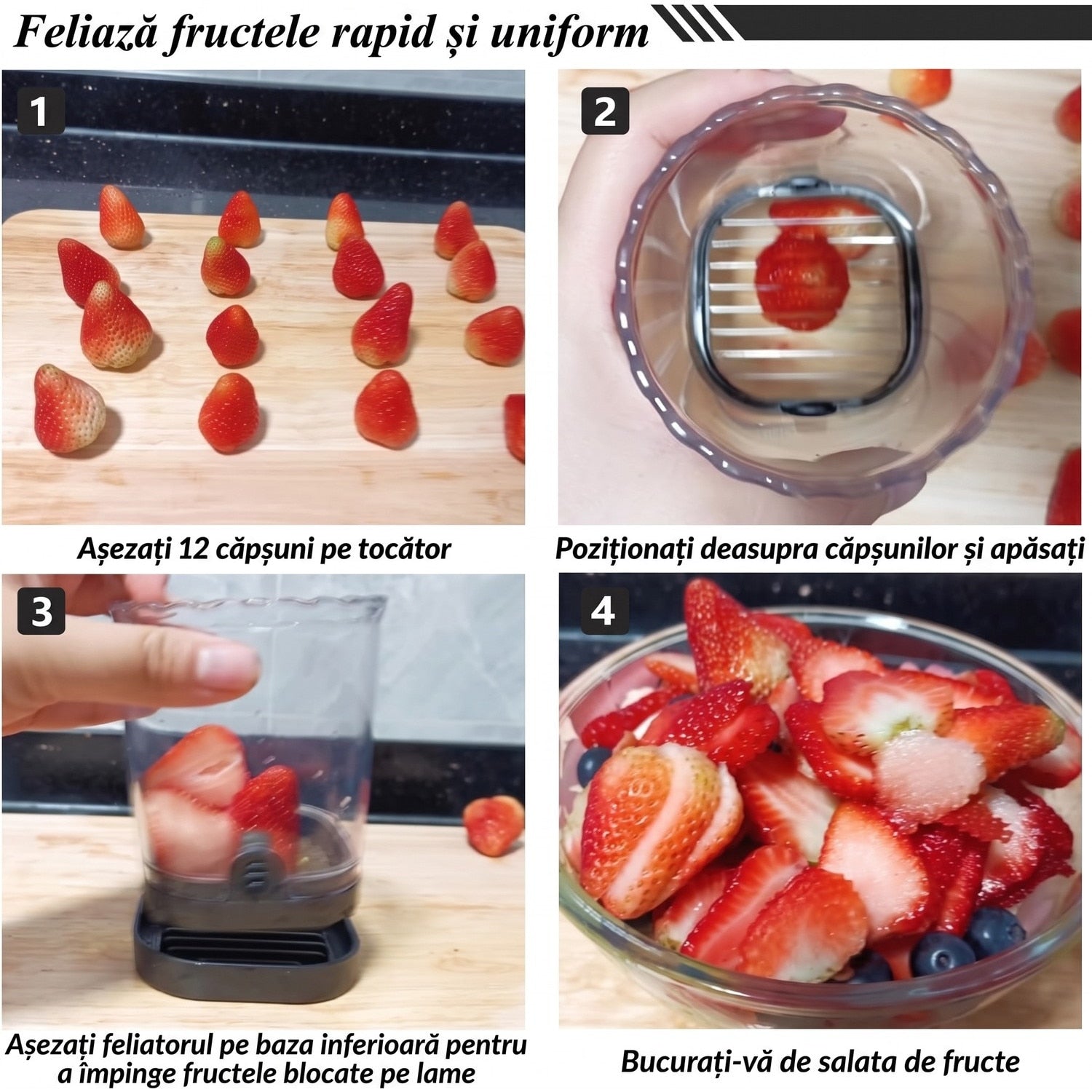 Feliator pentru fructe si capsuni NextWave®️, taiere rapida si uniforma in 8 felii, baza cu placa de impingere, lama – imaginea 5