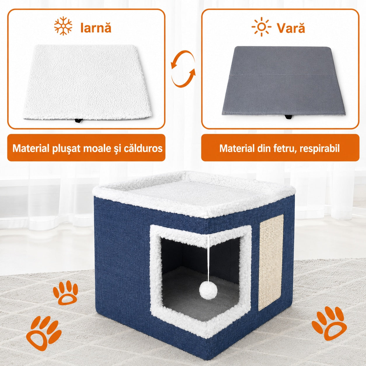 Casa Pisici NextWave®, Casuta Moale pentru Interior, Pat Tip Pestera cu Perna Detasabila, Material Bumbac, Design – imaginea 5